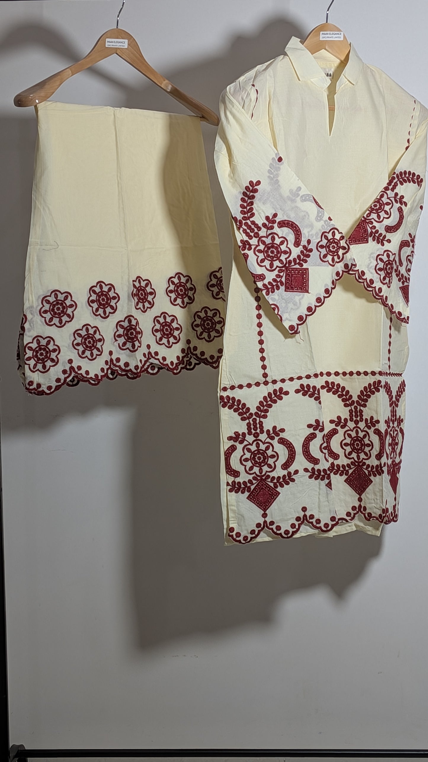 Crimson Vine Scalloped Cutwork Co-ord Set | Ivory & Maroon