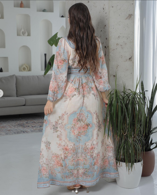 Pastel Floral Maxi Dress for Women | Belted Long Dress with Front Slit & Full Sleeves