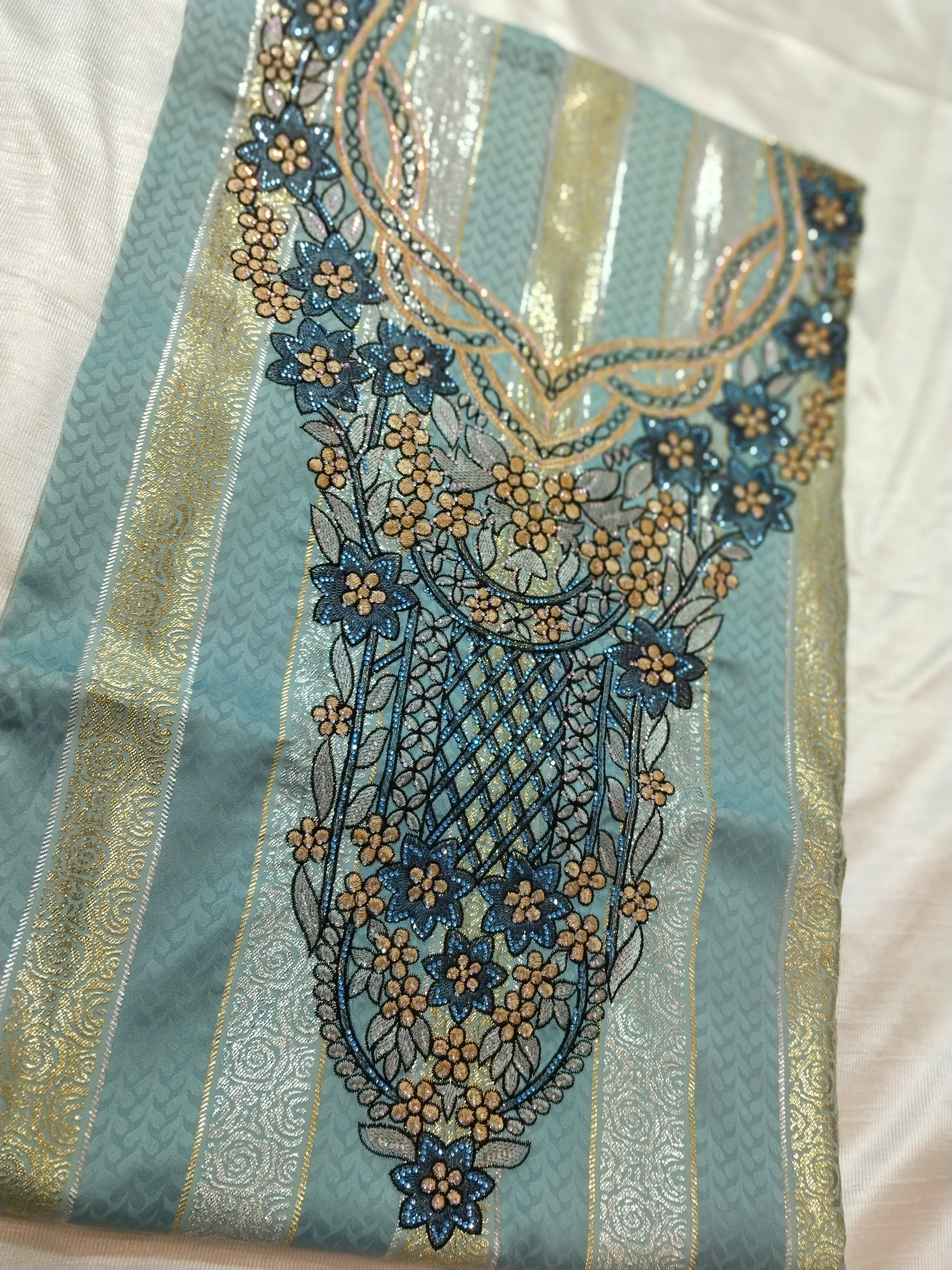 Blue Embroidered Mukhaweer Dress Material with Gold Floral Work | Premium Mukhaweer Fabric Set