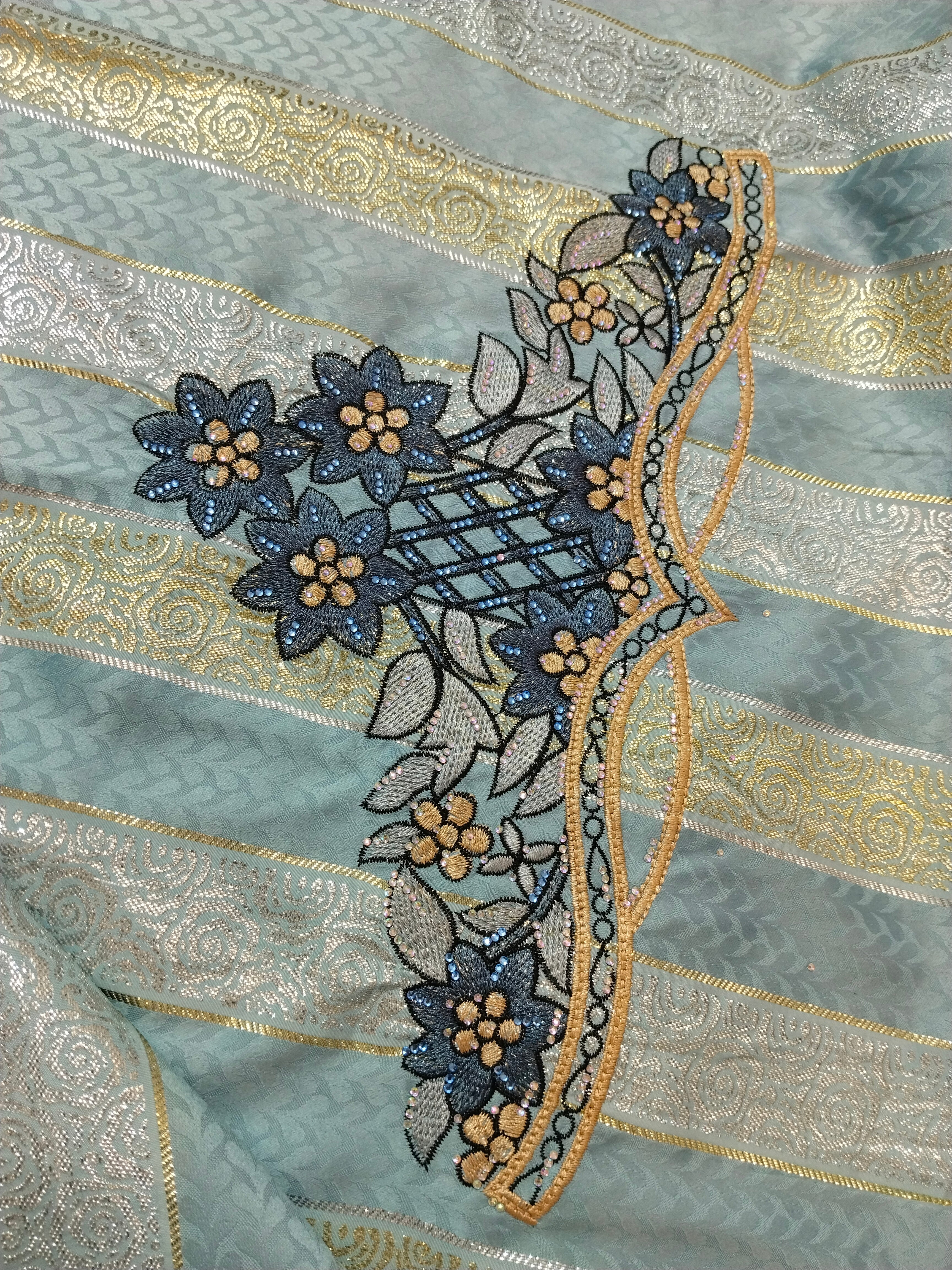 Blue Embroidered Mukhaweer Dress Material with Gold Floral Work | Premium Mukhaweer Fabric Set
