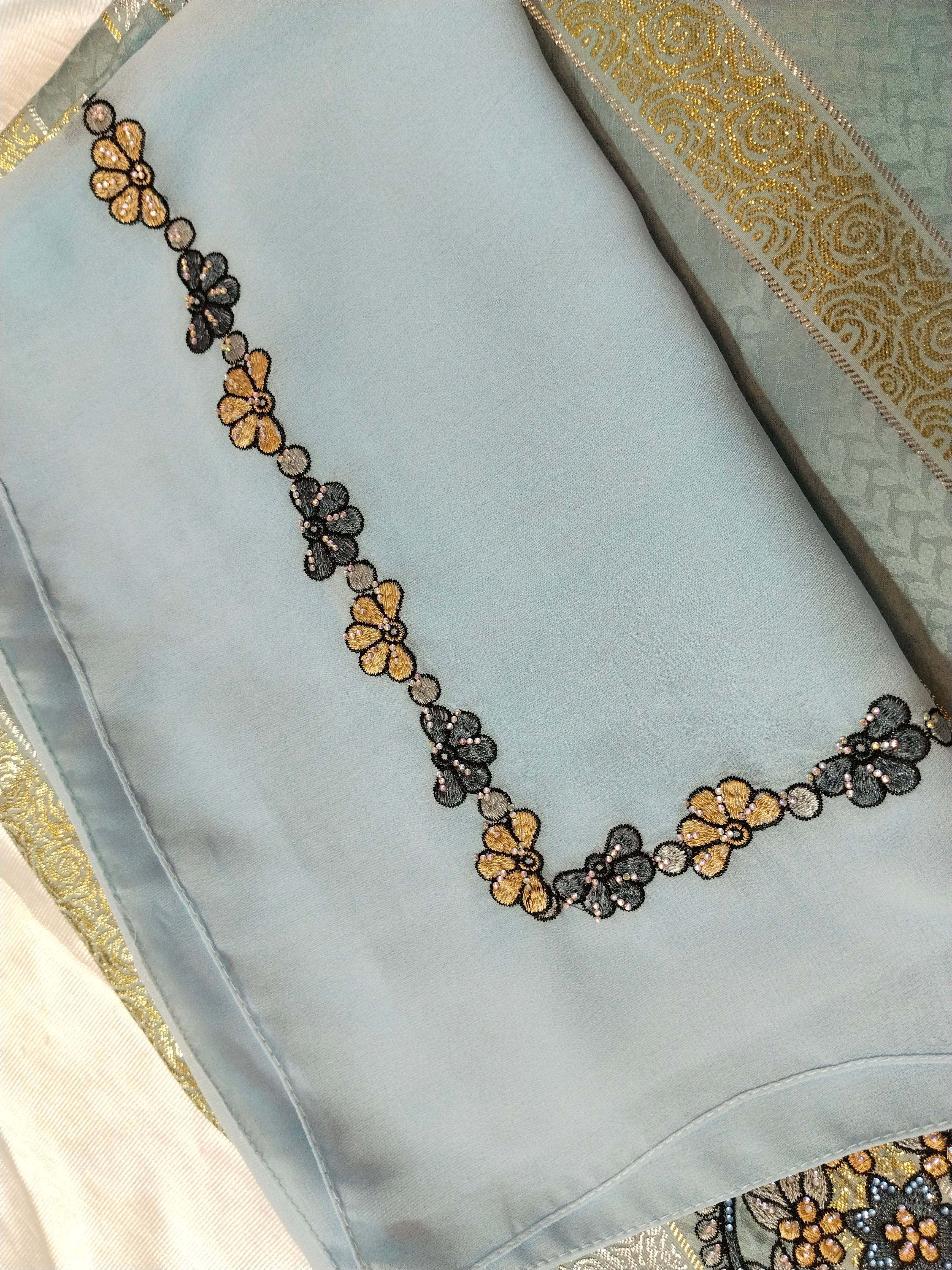 Blue Embroidered Mukhaweer Dress Material with Gold Floral Work | Premium Mukhaweer Fabric Set