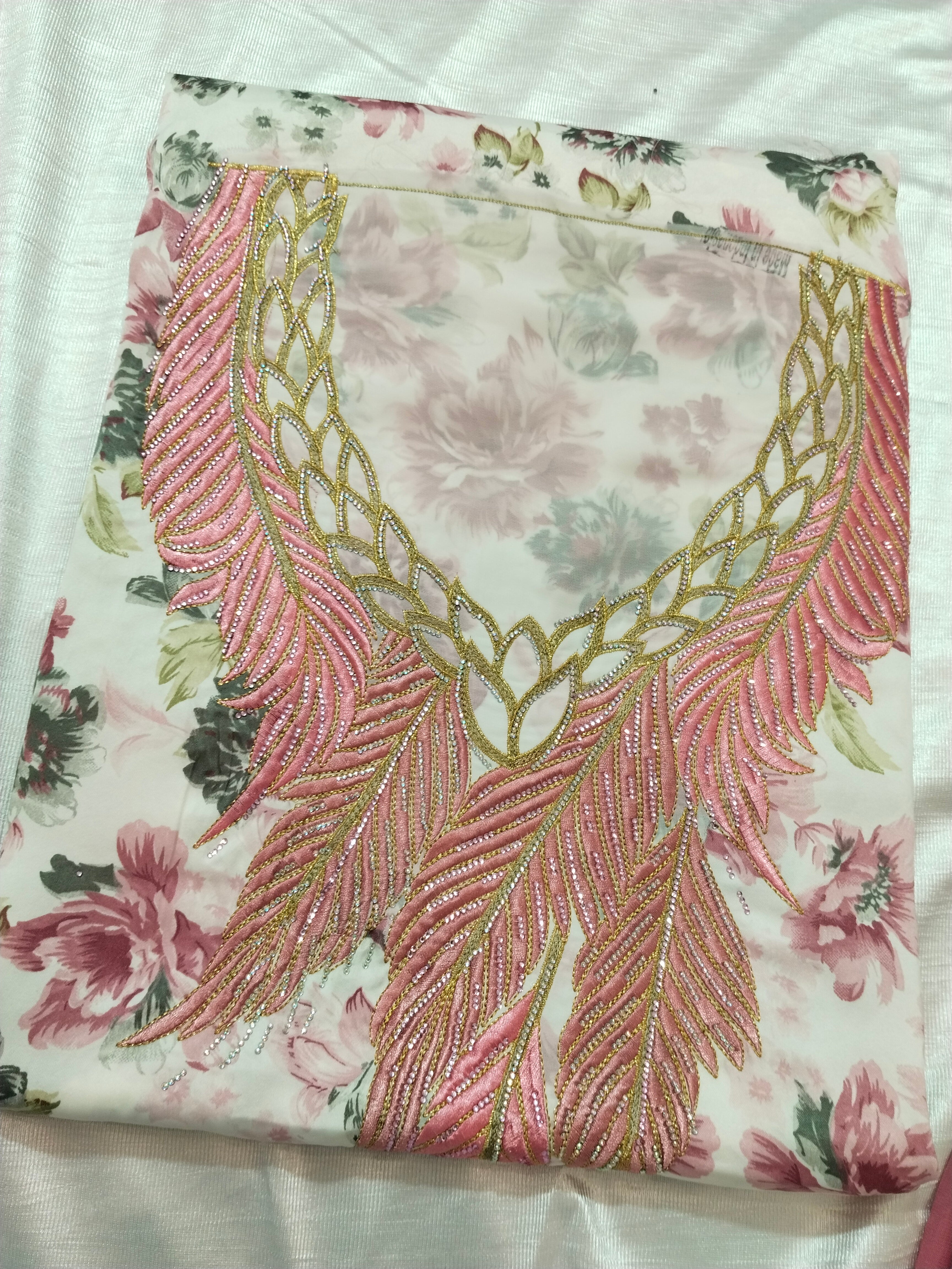 Floral Printed Mukhaweer Material with Feather Embroidery | Premium Mukhaweer Fabric with Matching Dupatta