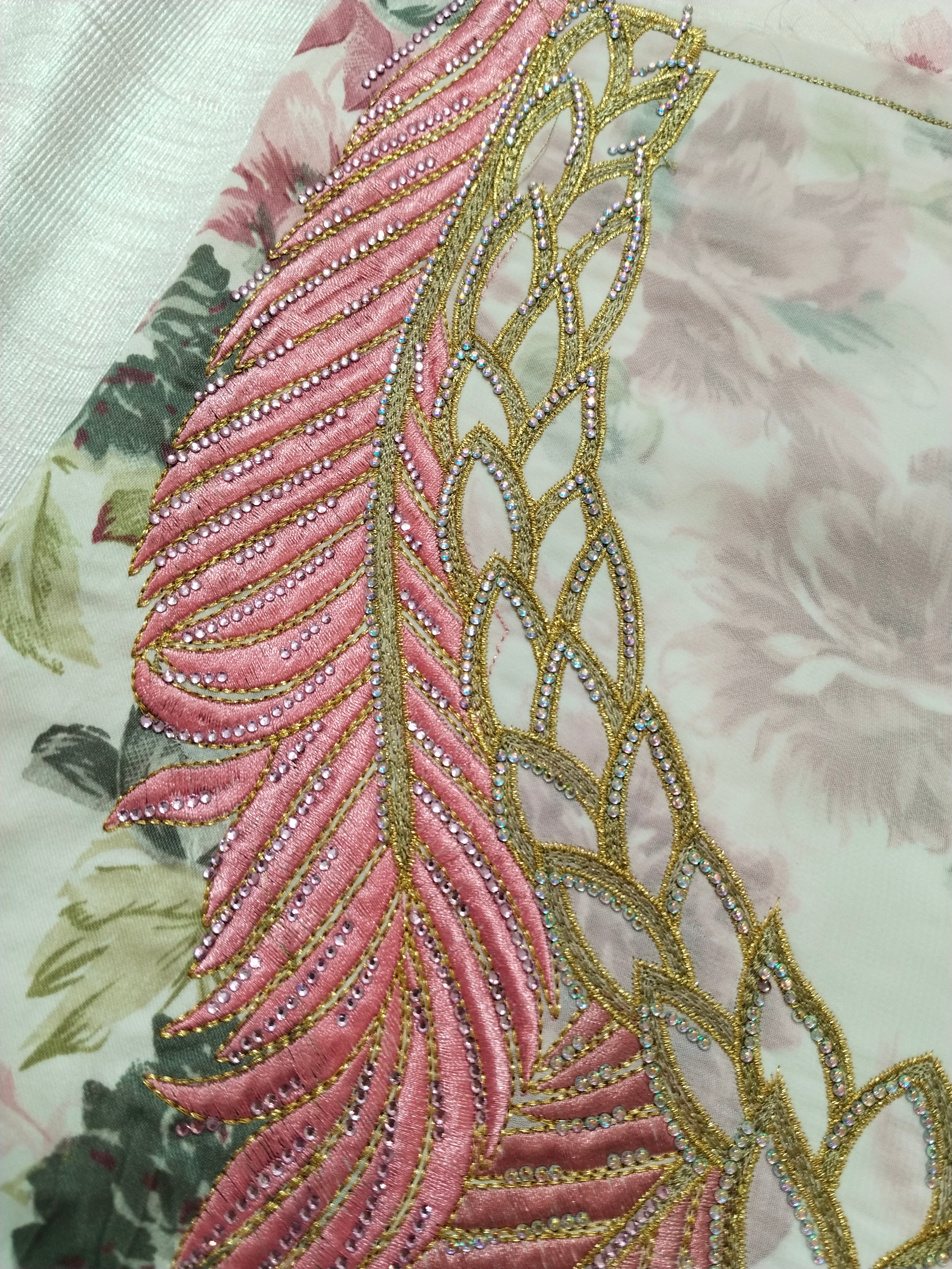 Floral Printed Mukhaweer Material with Feather Embroidery | Premium Mukhaweer Fabric with Matching Dupatta