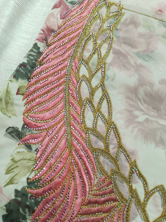 Floral Printed Mukhaweer Material with Feather Embroidery | Premium Mukhaweer Fabric with Matching Dupatta