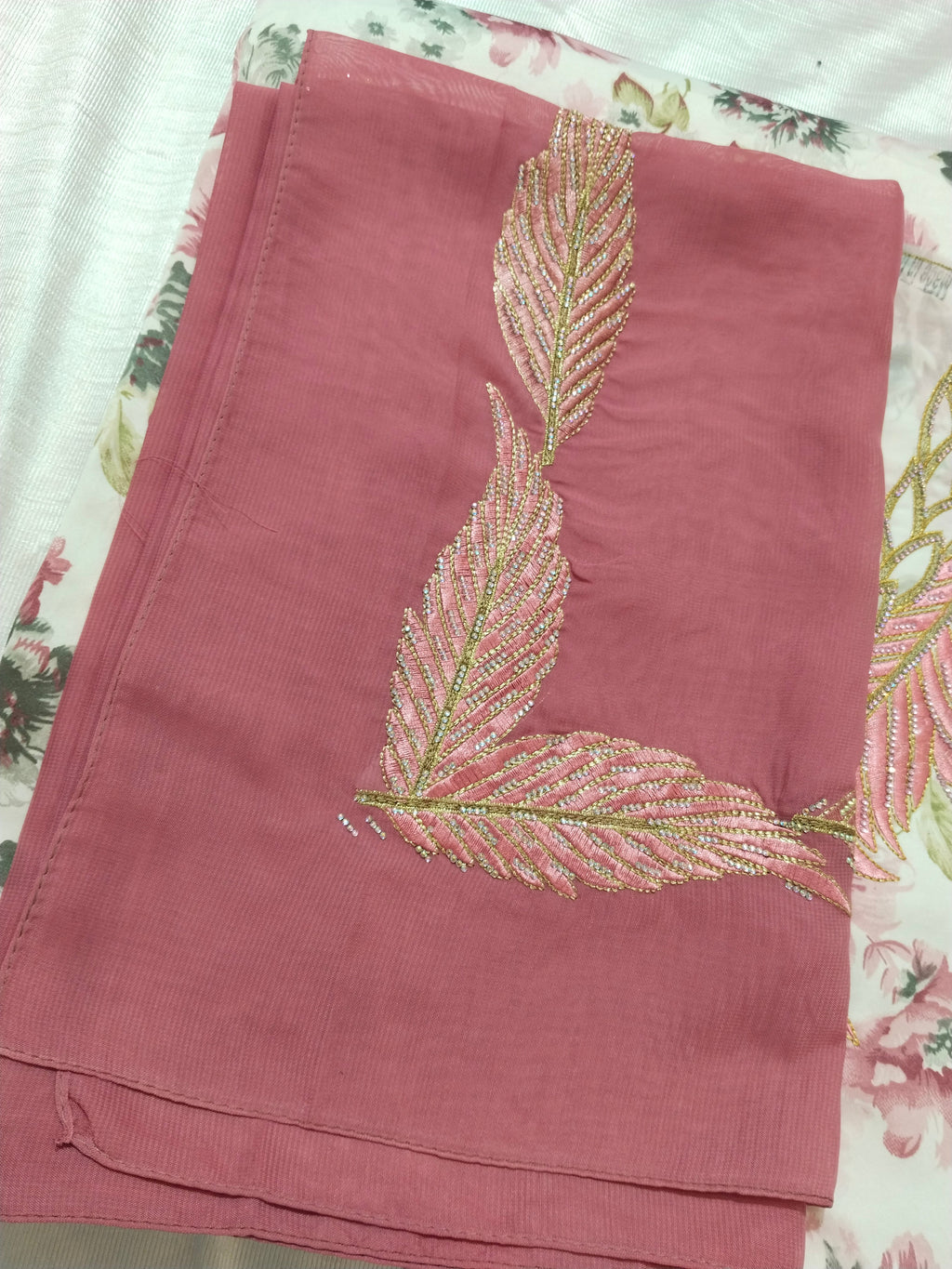 Floral Printed Mukhaweer Material with Feather Embroidery | Premium Mukhaweer Fabric with Matching Dupatta