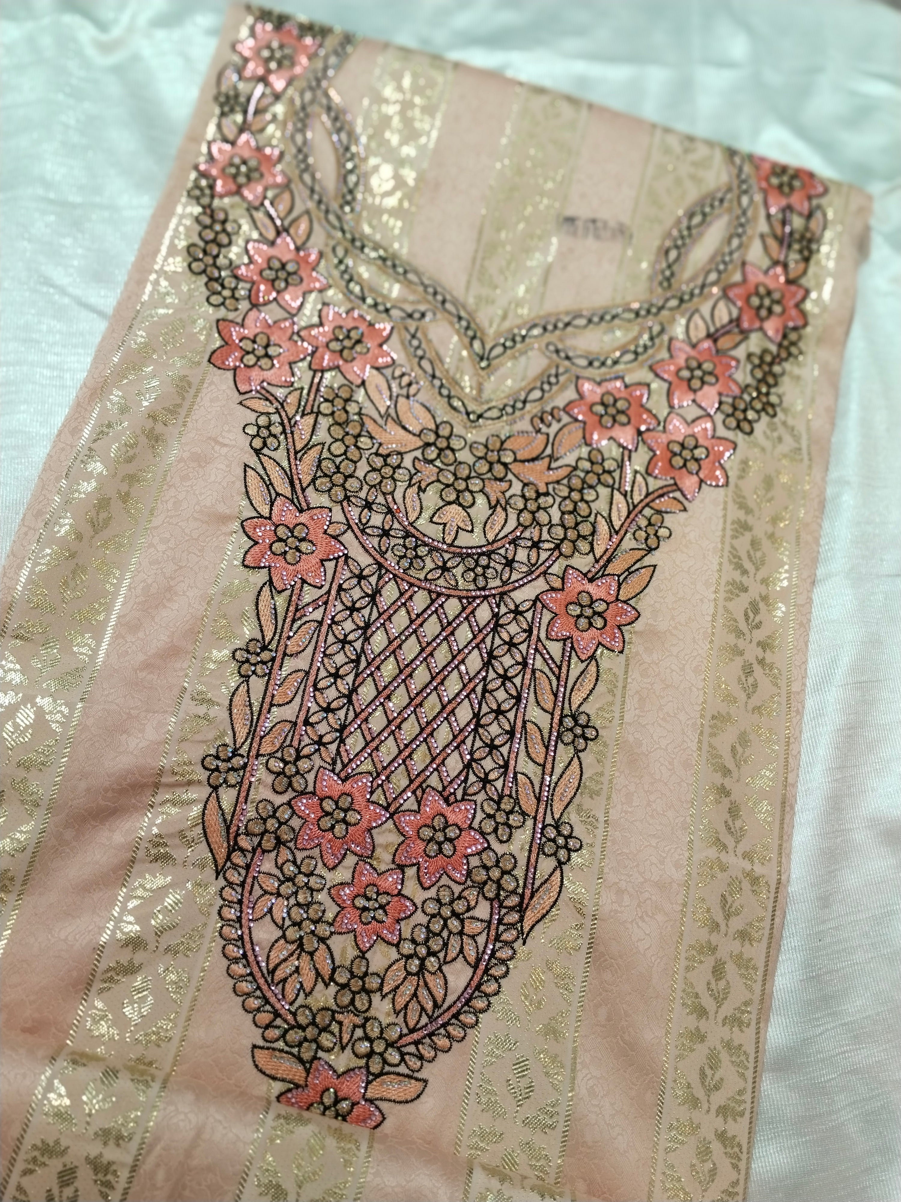 Peach Floral Embroidered Mukhaweer Dress Material with Gold Stripes | Premium Mukhaweer Fabric Set