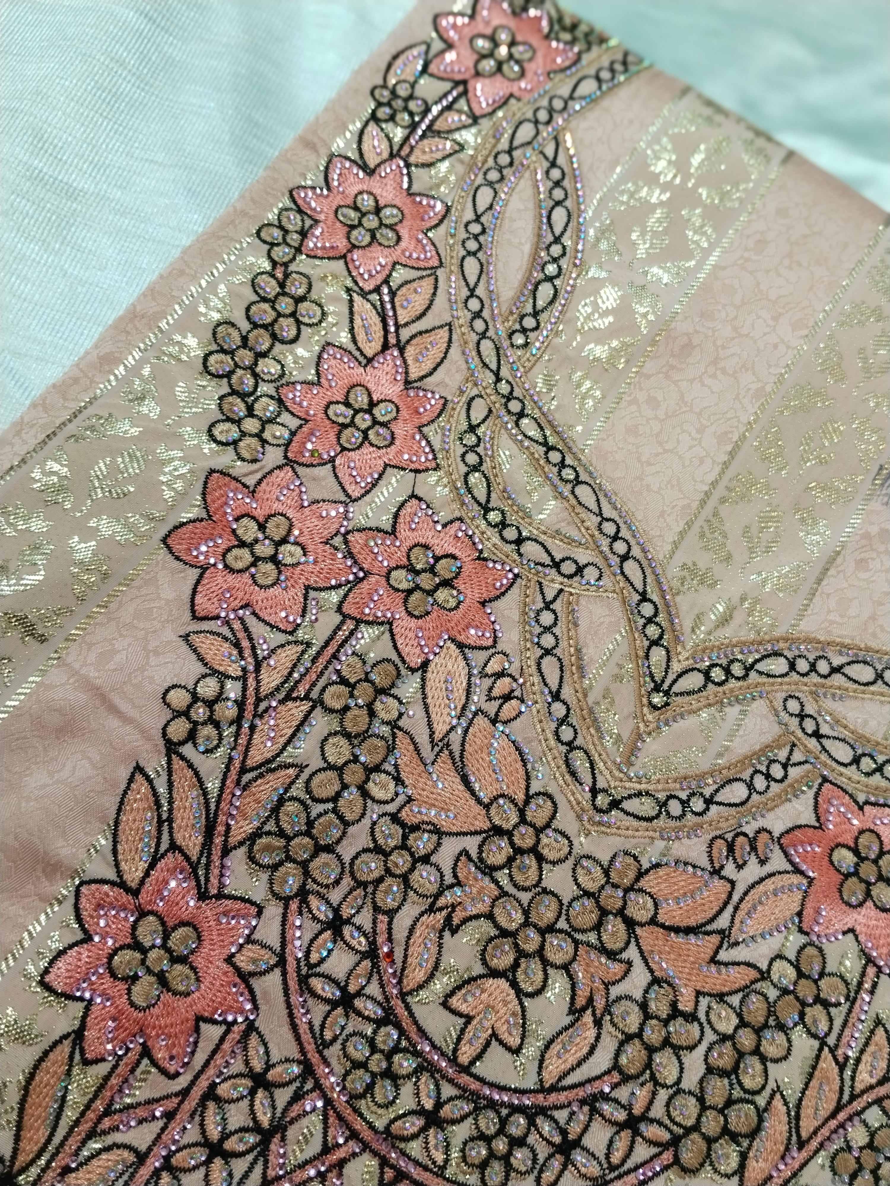 Peach Floral Embroidered Mukhaweer Dress Material with Gold Stripes | Premium Mukhaweer Fabric Set