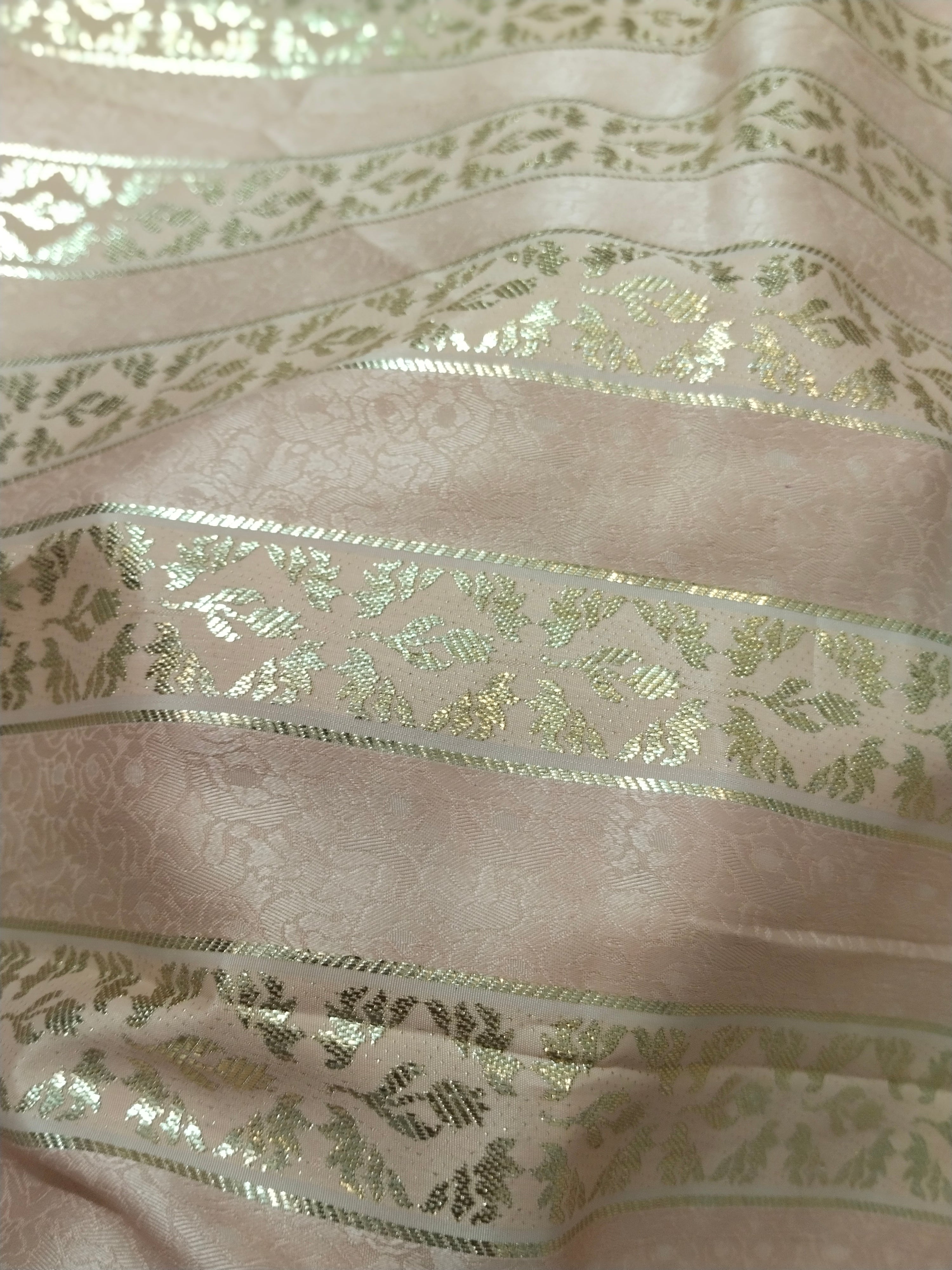 Peach Floral Embroidered Mukhaweer Dress Material with Gold Stripes | Premium Mukhaweer Fabric Set