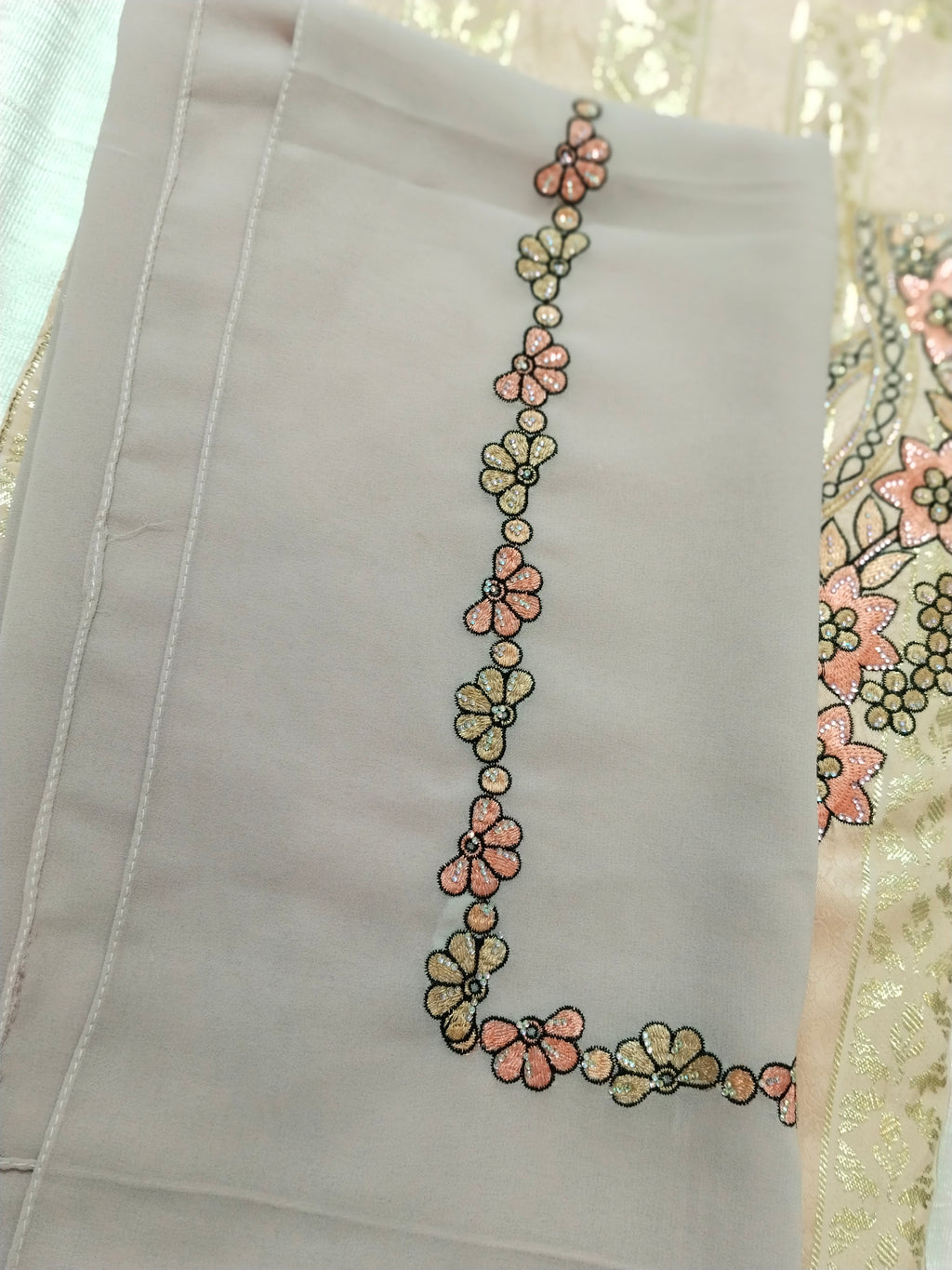Peach Floral Embroidered Mukhaweer Dress Material with Gold Stripes | Premium Mukhaweer Fabric Set