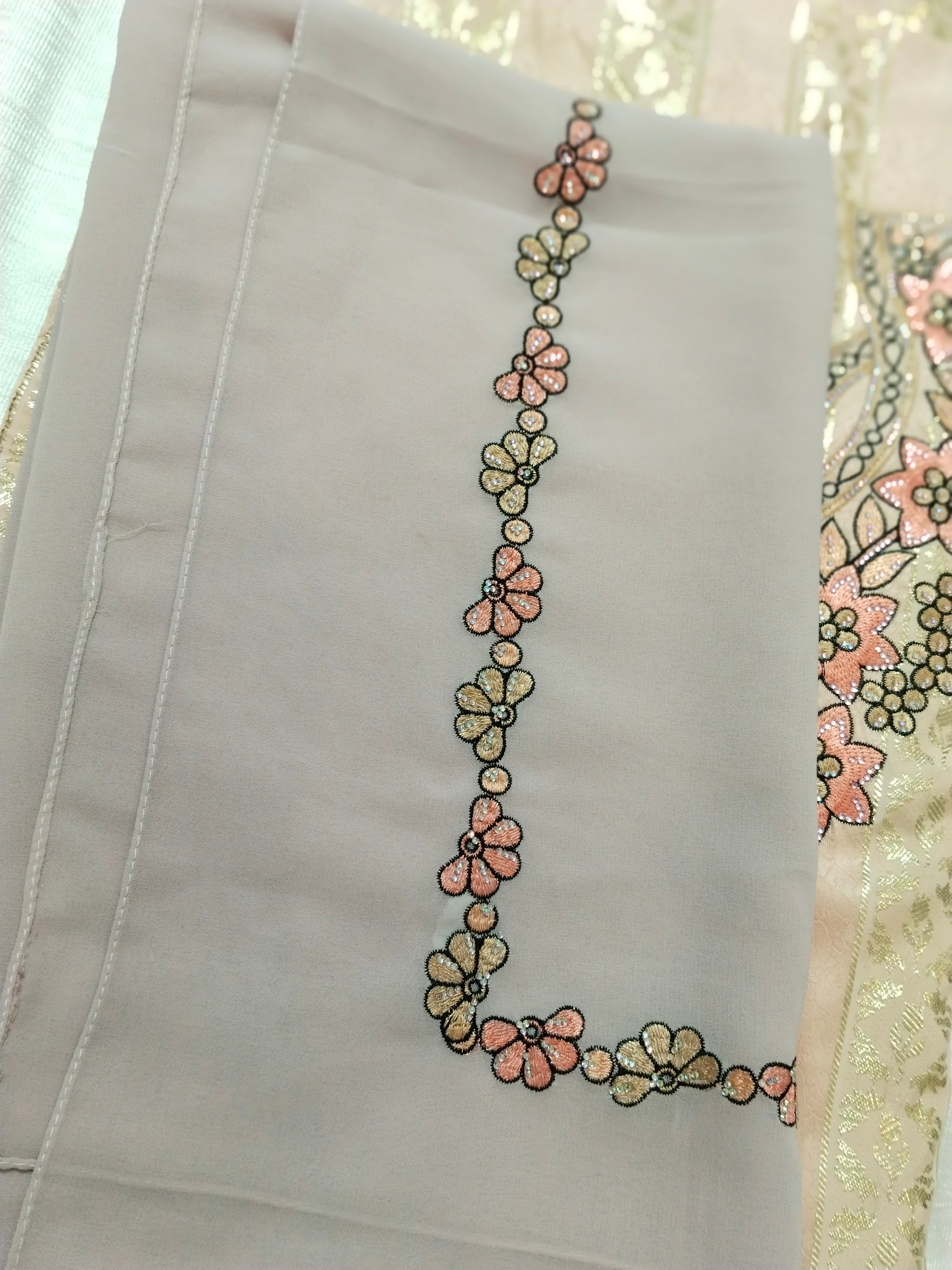 Peach Floral Embroidered Mukhaweer Dress Material with Gold Stripes | Premium Mukhaweer Fabric Set