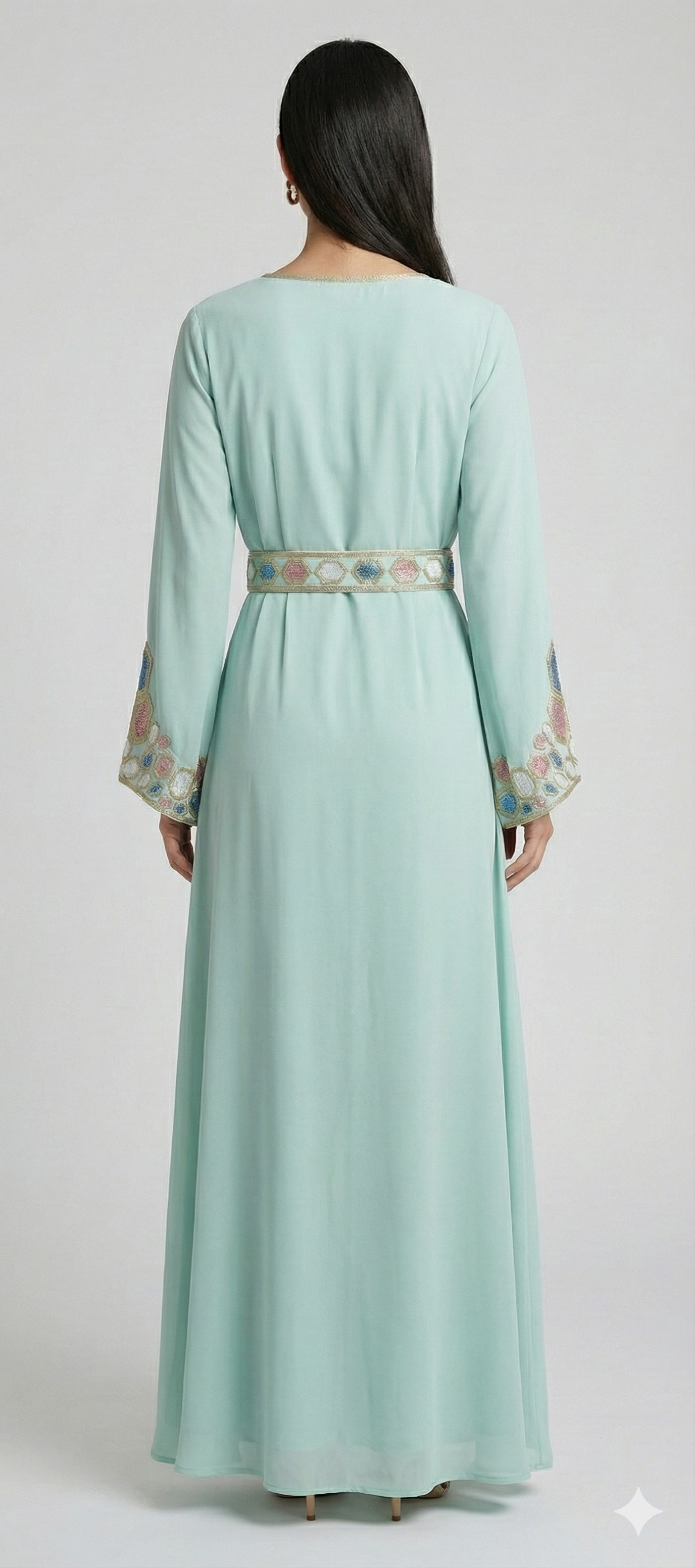 Mint Green Mukhaweer Embroidered Dress | Luxury Arabic Kaftan with Handwork Detailing