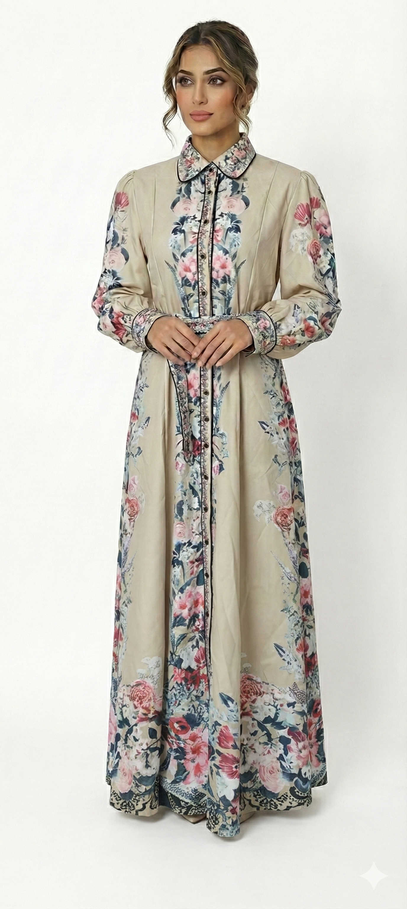 Beige Floral Printed Button-Down Maxi Dress for Women | Elegant Long Shirt Dress