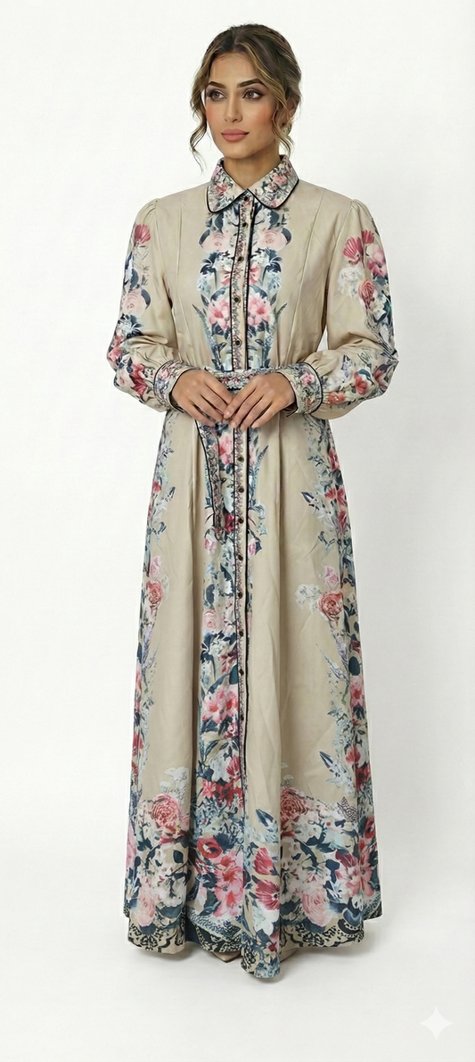 Beige Floral Printed Button-Down Maxi Dress for Women | Elegant Long Shirt Dress