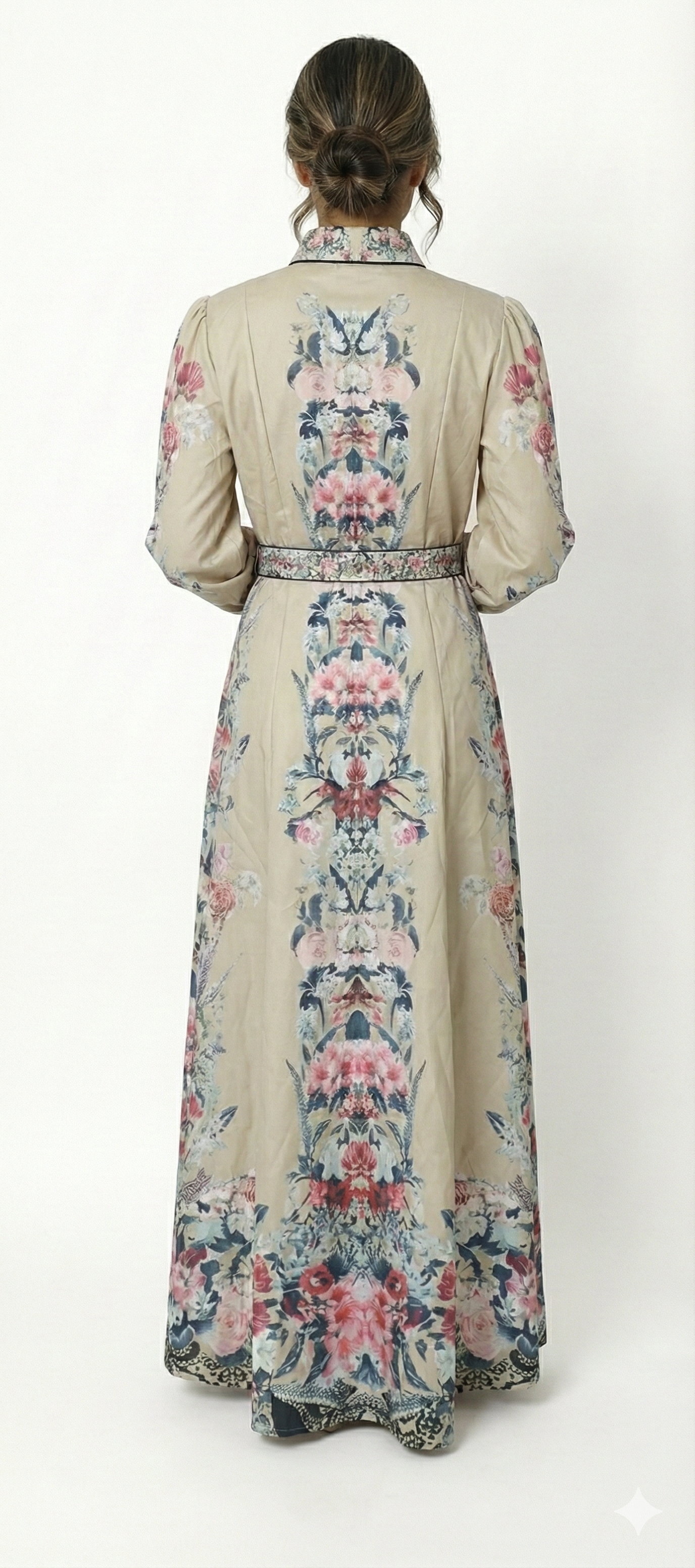 Beige Floral Printed Button-Down Maxi Dress for Women | Elegant Long Shirt Dress