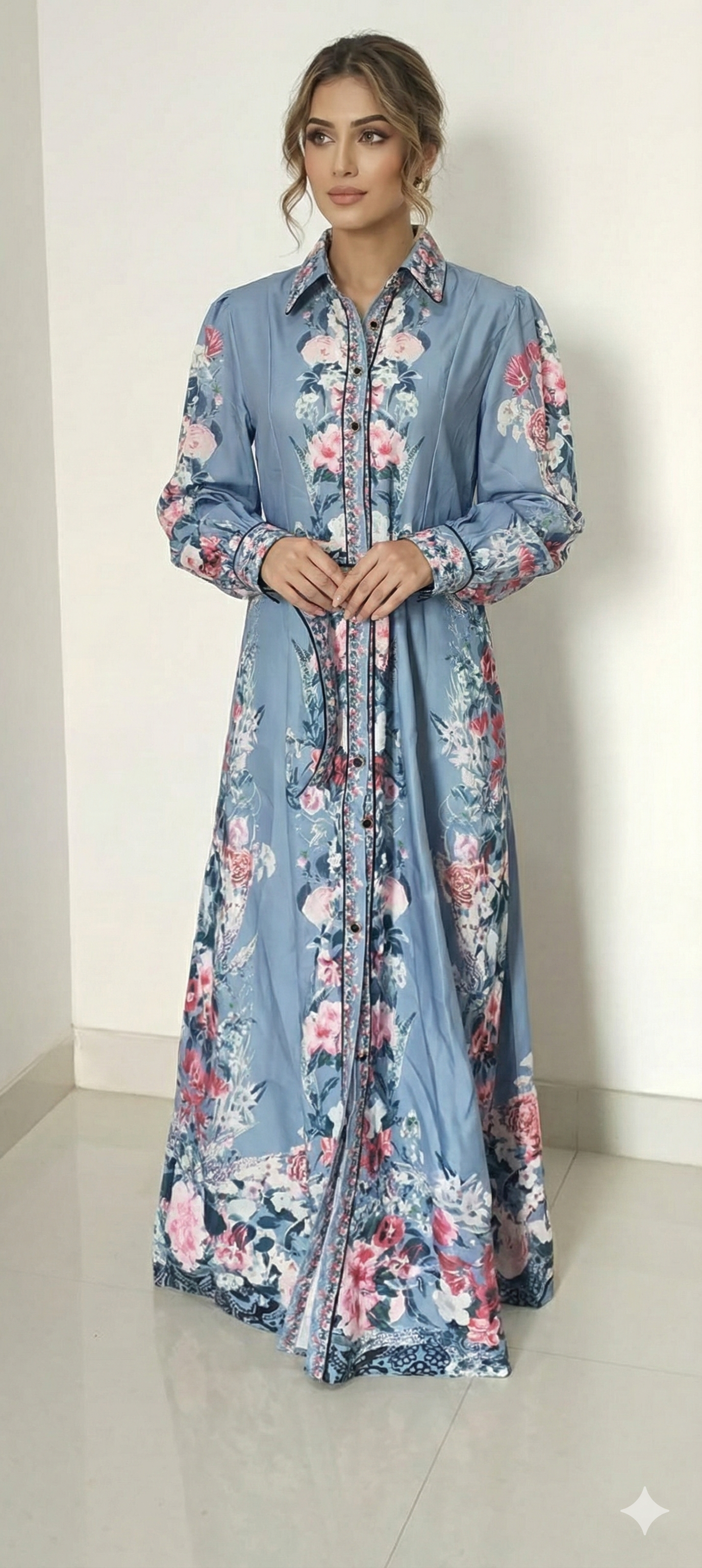 Blue Floral Printed Button-Down Maxi Dress for Women | Elegant Long Shirt Dress