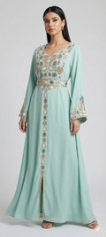 Mint Green Mukhaweer Embroidered Dress | Luxury Arabic Kaftan with Handwork Detailing
