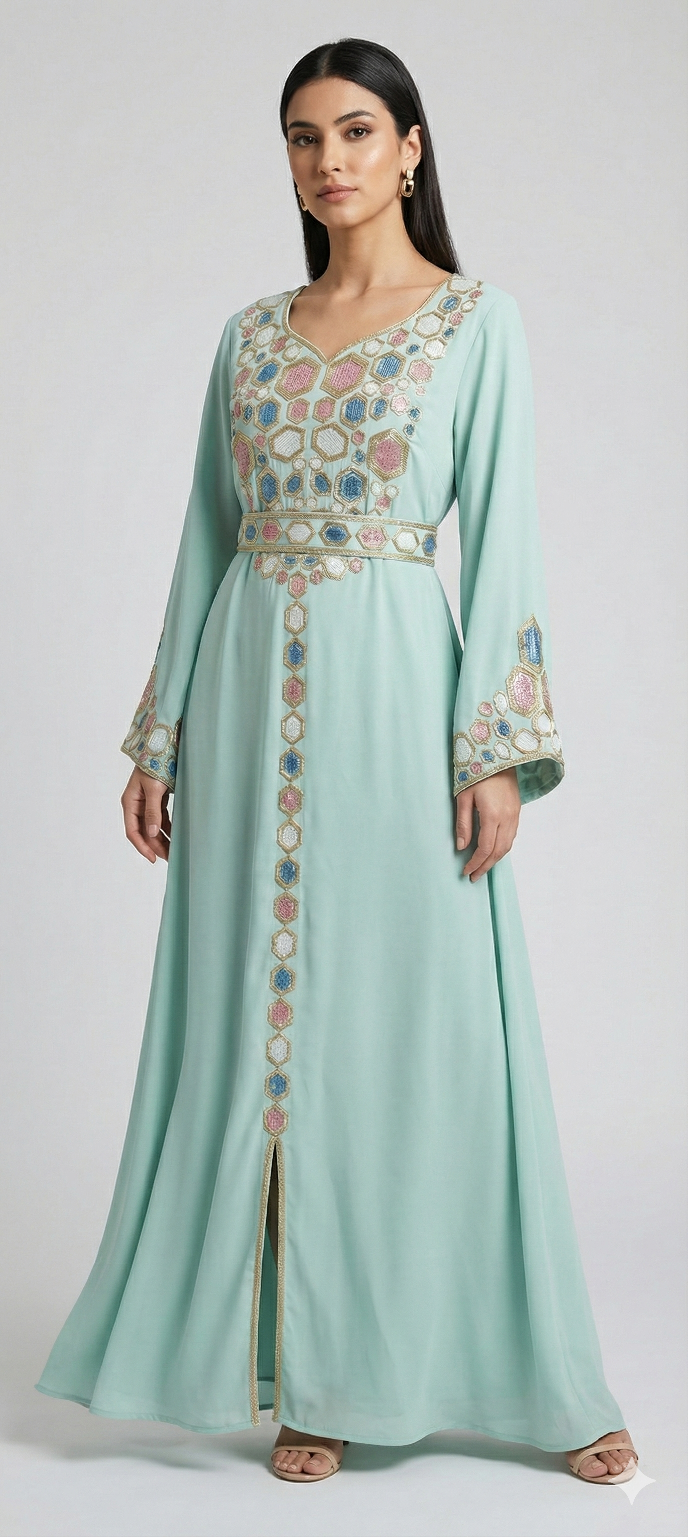 Mint Green Mukhaweer Embroidered Dress | Luxury Arabic Kaftan with Handwork Detailing