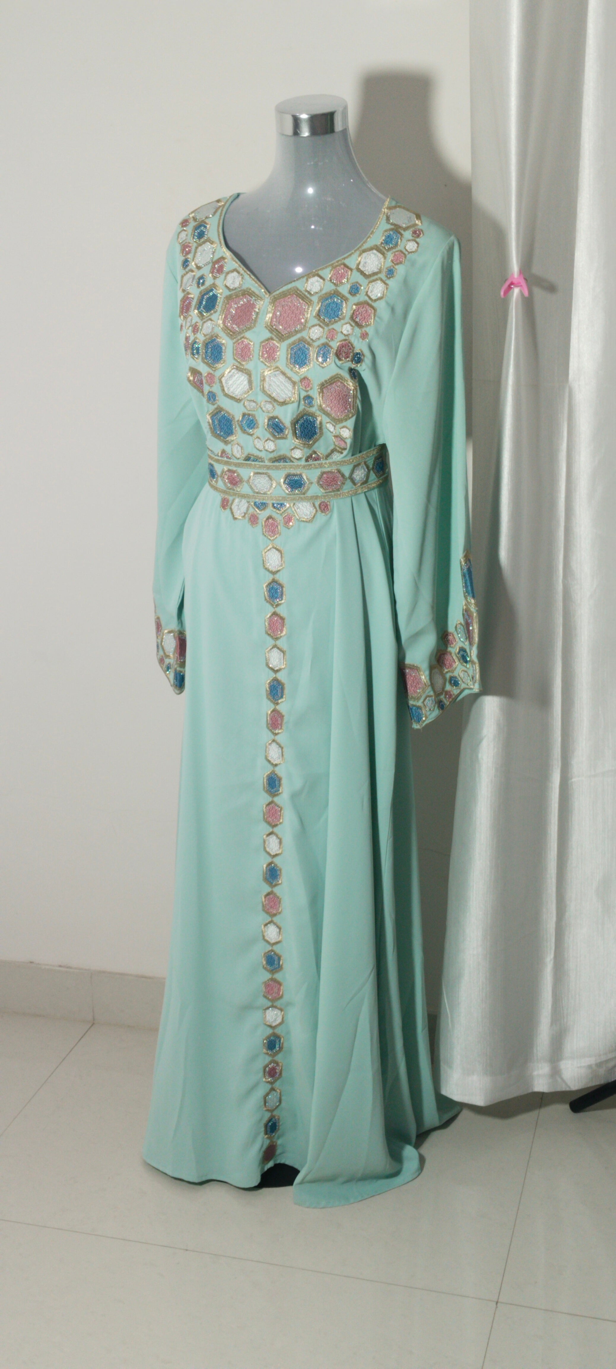 Mint Green Mukhaweer Embroidered Dress | Luxury Arabic Kaftan with Handwork Detailing