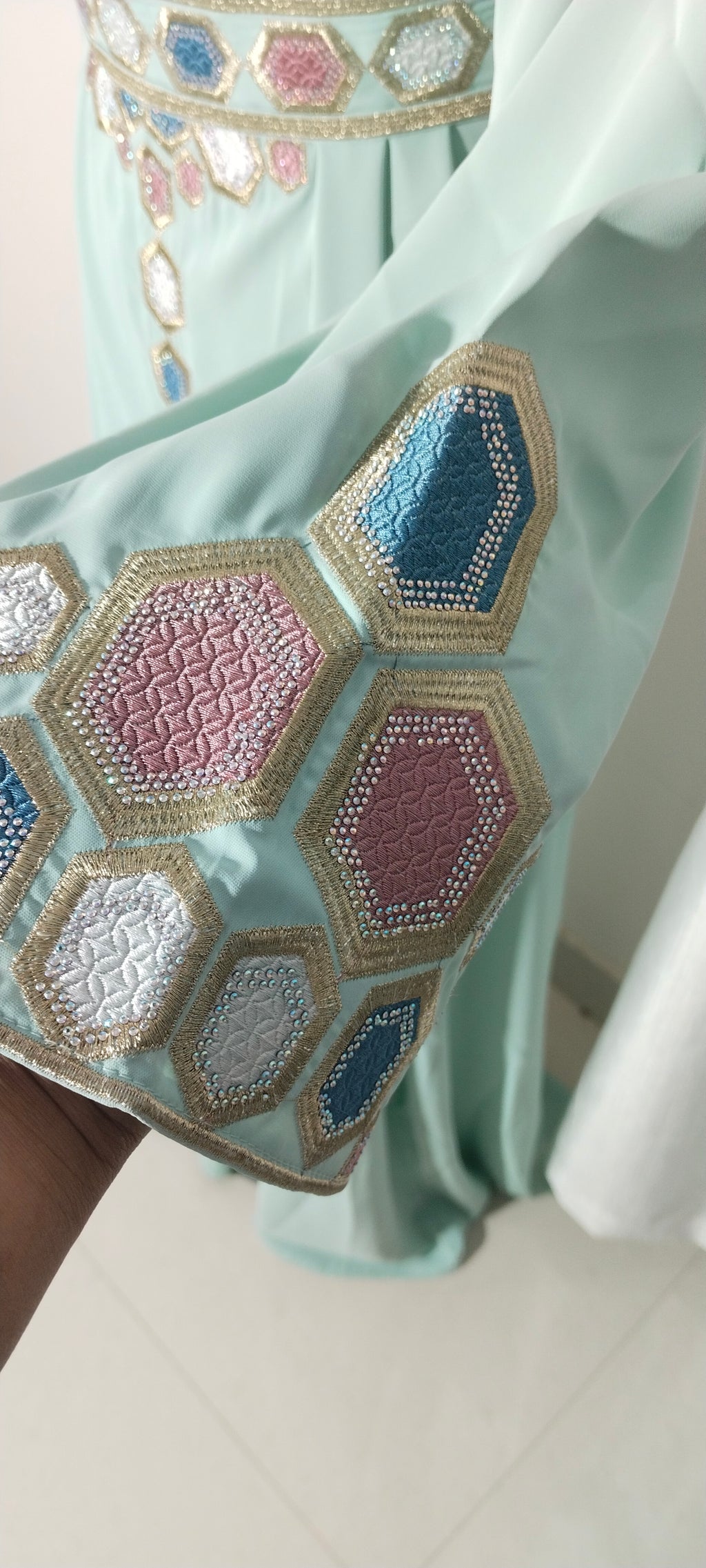 Mint Green Mukhaweer Embroidered Dress | Luxury Arabic Kaftan with Handwork Detailing