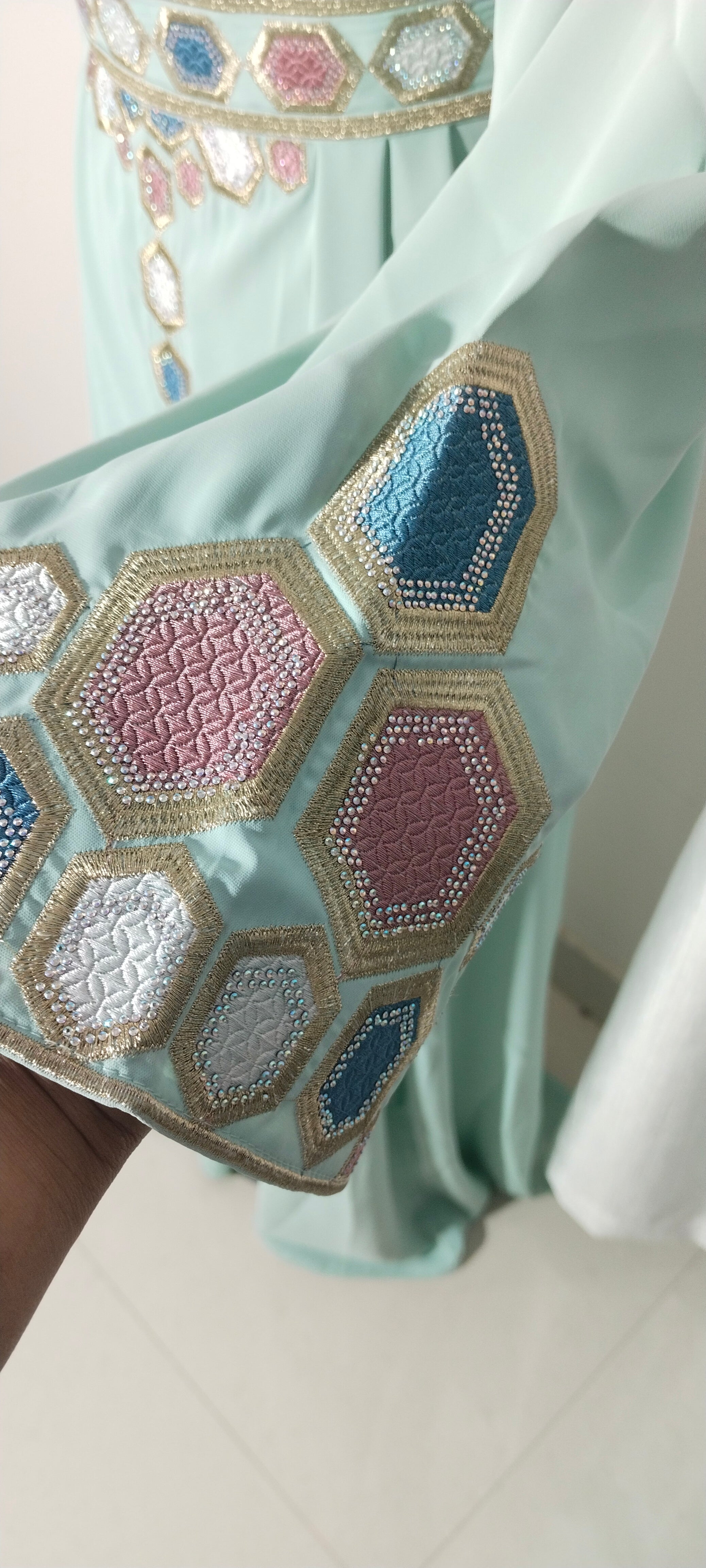 Mint Green Mukhaweer Embroidered Dress | Luxury Arabic Kaftan with Handwork Detailing