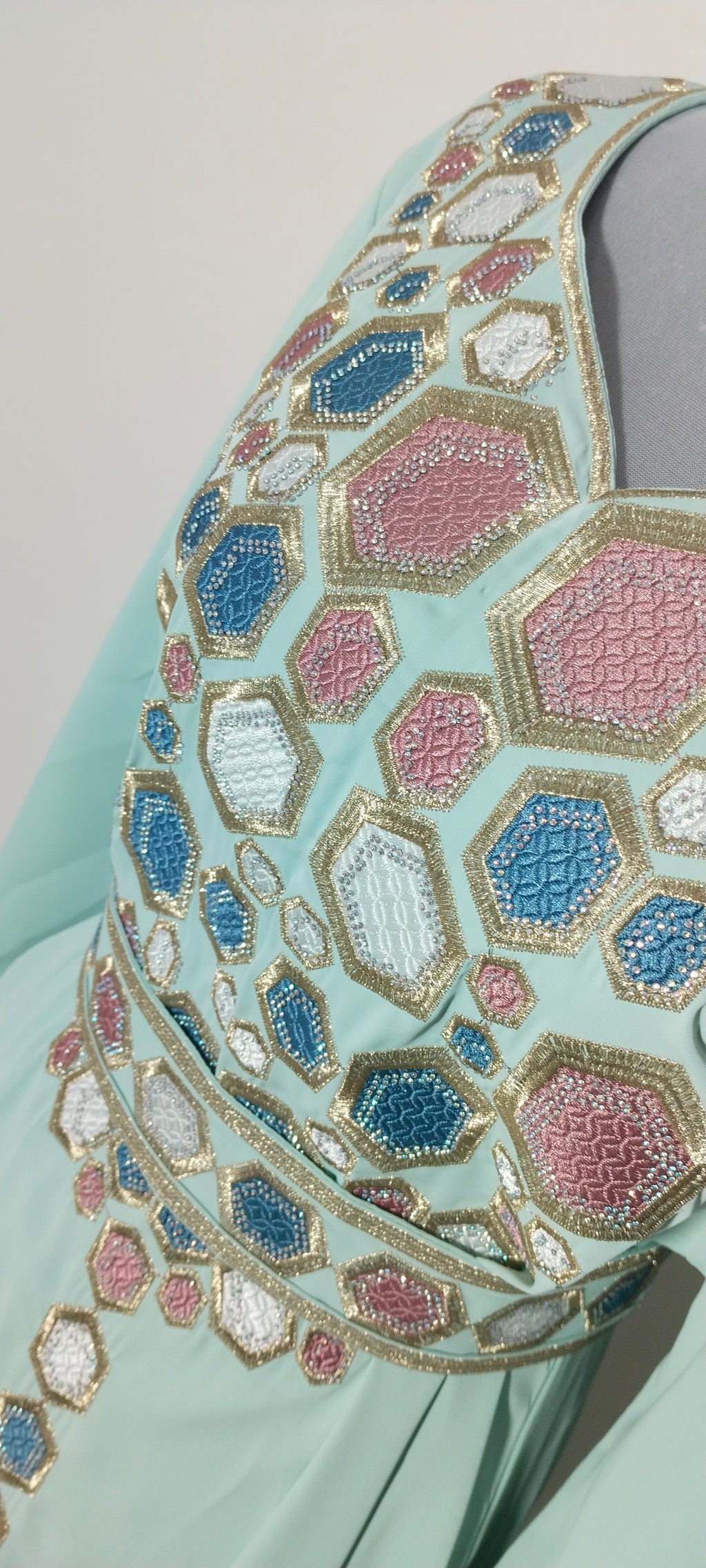 Mint Green Mukhaweer Embroidered Dress | Luxury Arabic Kaftan with Handwork Detailing