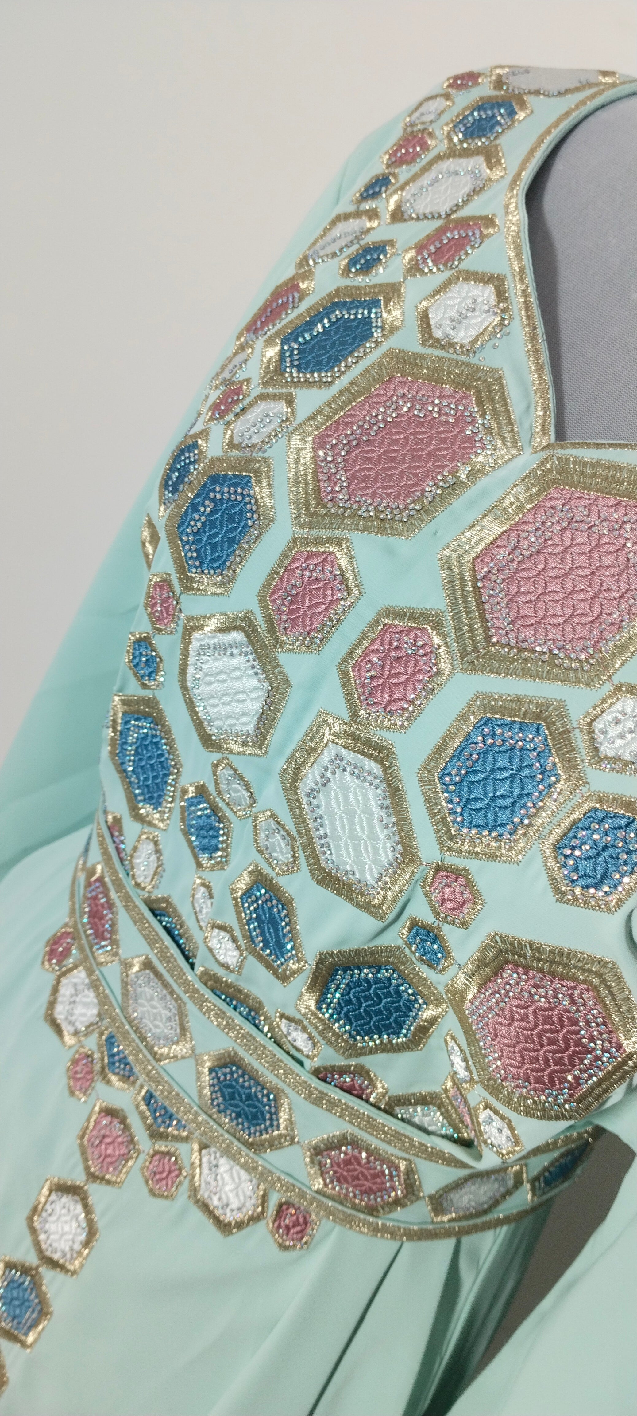 Mint Green Mukhaweer Embroidered Dress | Luxury Arabic Kaftan with Handwork Detailing