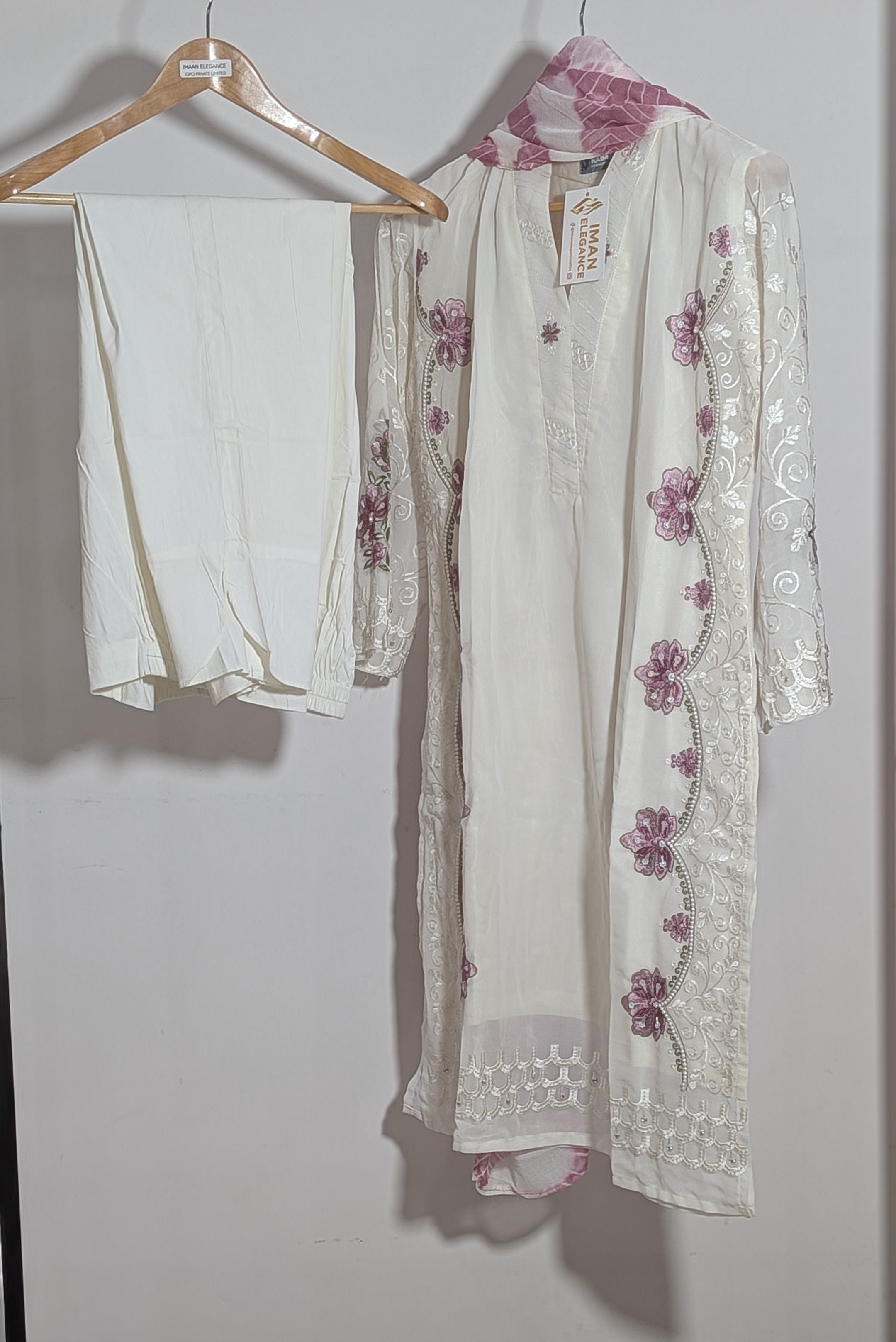 Ethereal Ivory & Mauve Lux Embroidered Suit Set | Cutwork & Pearl Edition