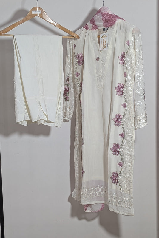 Ethereal Ivory & Mauve Lux Embroidered Suit Set | Cutwork & Pearl Edition