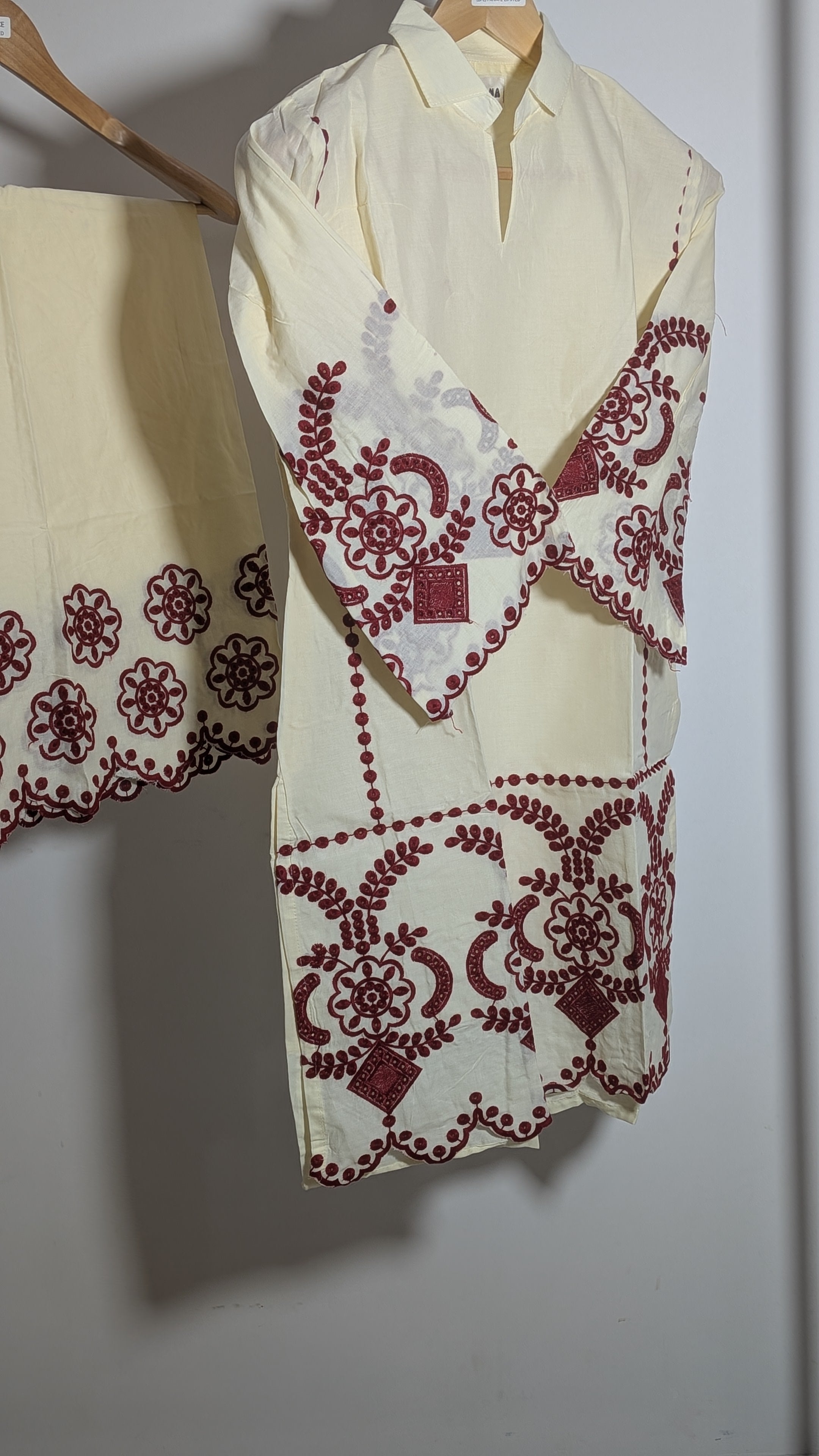 Crimson Vine Scalloped Cutwork Co-ord Set | Ivory & Maroon