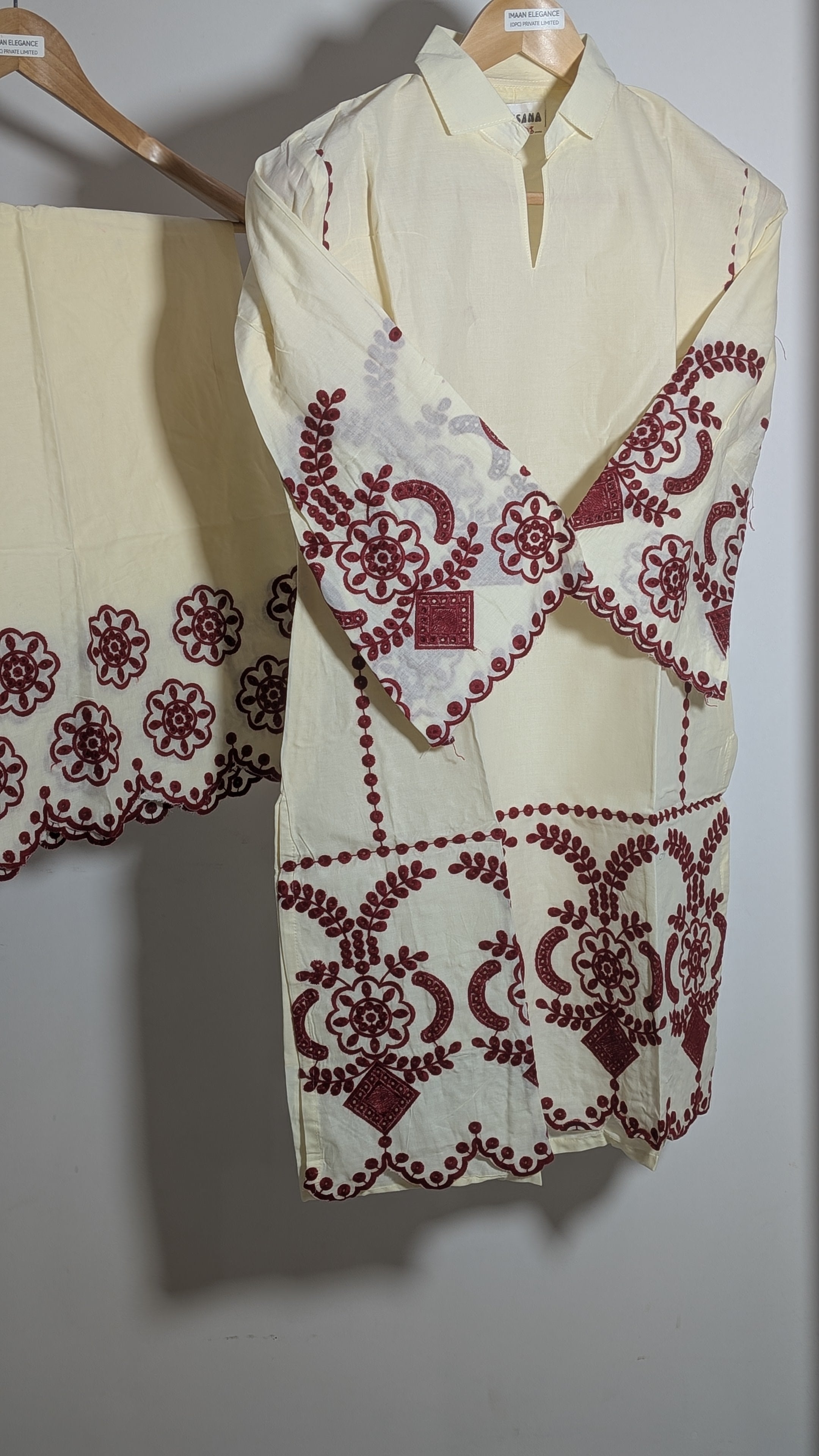 Crimson Vine Scalloped Cutwork Co-ord Set | Ivory & Maroon