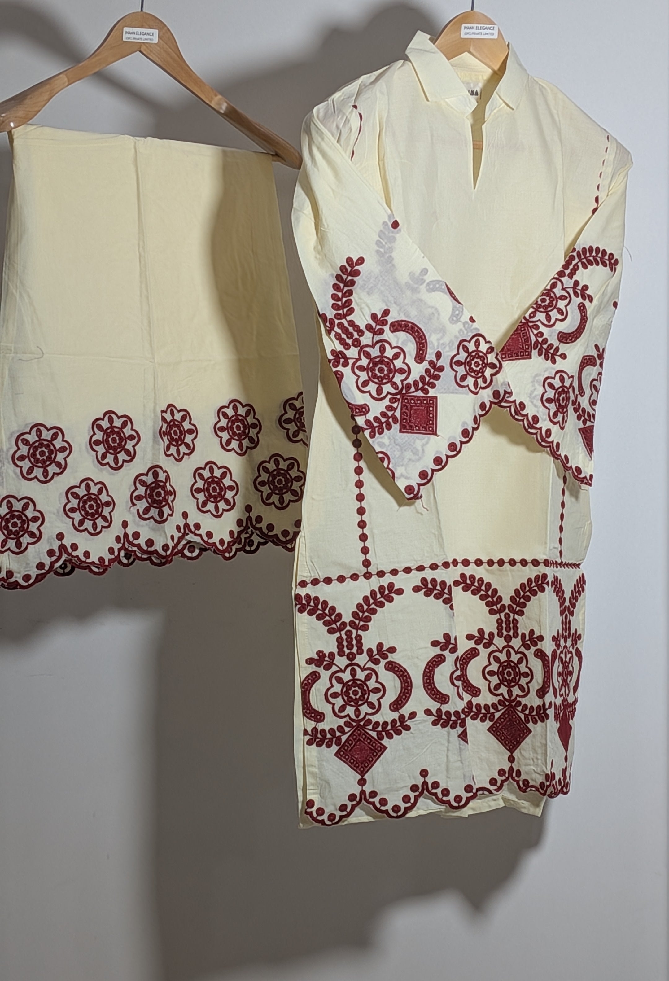 Crimson Vine Scalloped Cutwork Co-ord Set | Ivory & Maroon