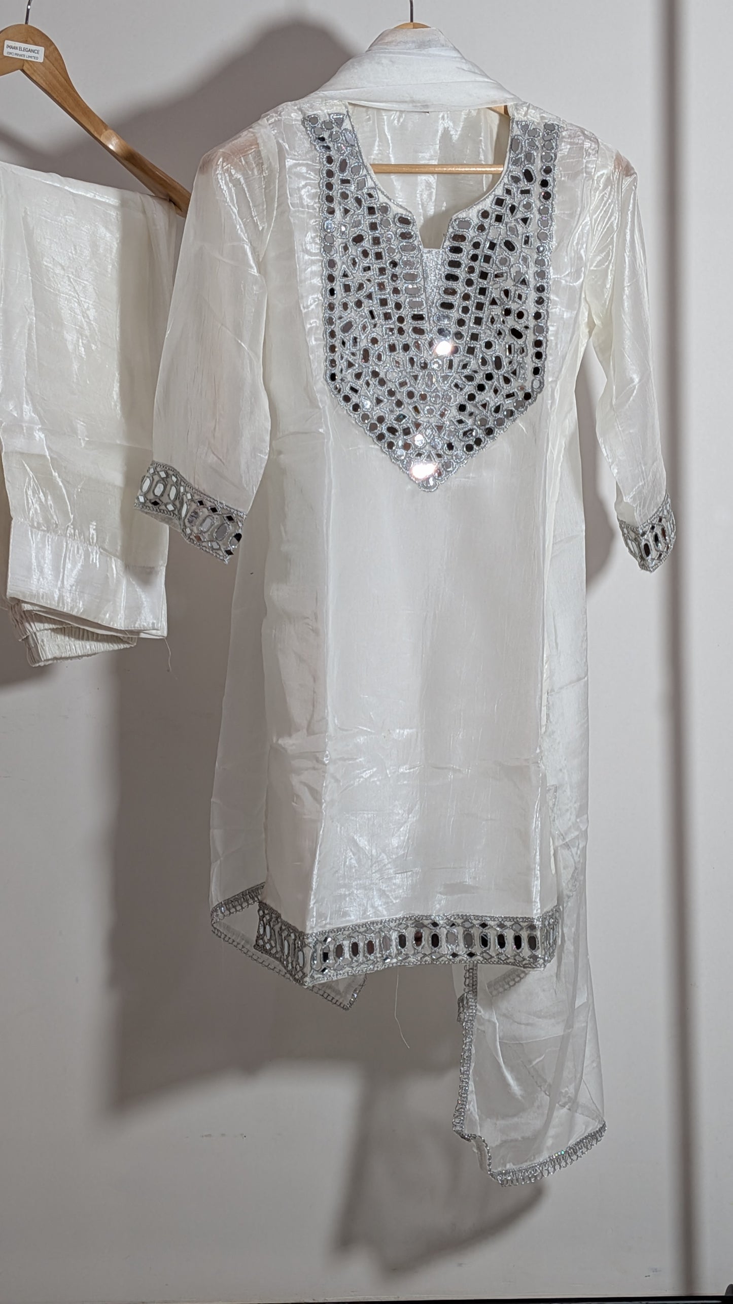 Radiant Ivory Mirror-Work Suit Set | Silver Embellished Edition | Farshi Shalwar