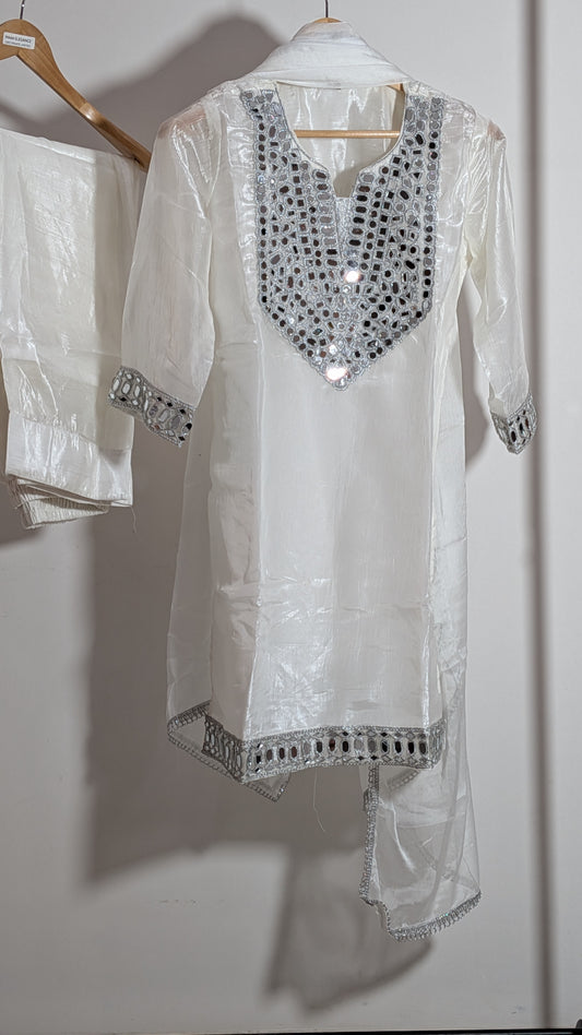Radiant Ivory Mirror-Work Suit Set | Silver Embellished Edition | Farshi Shalwar