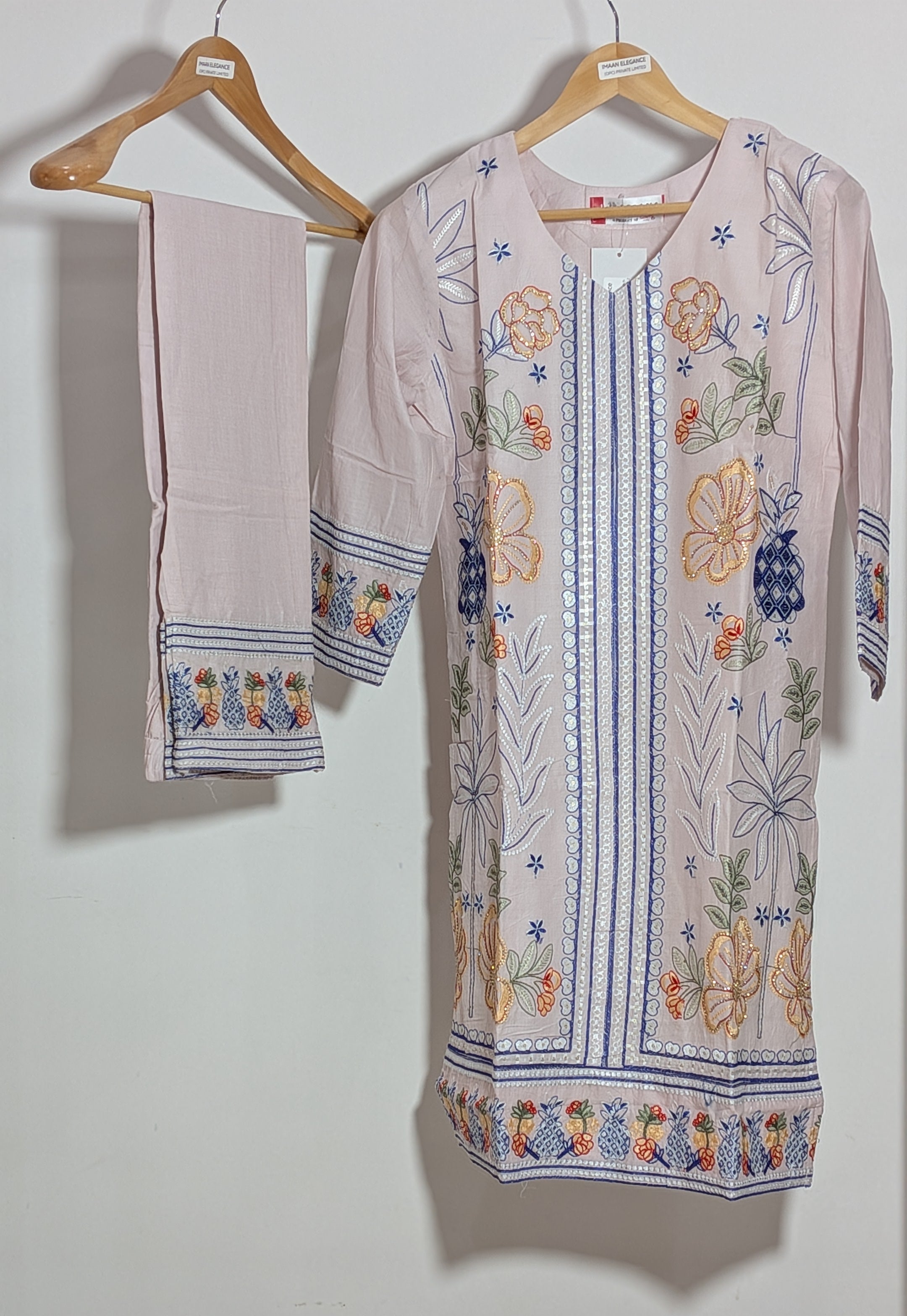 Tropical Bloom Embroidered Co-ord Set | Blush Pink & Navy