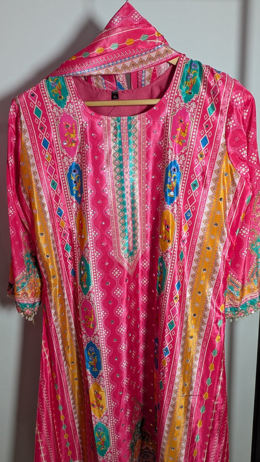 Vibrant Hot Pink-Red Rajwadi Printed Suit Set | Festive Silk-Blend Edition