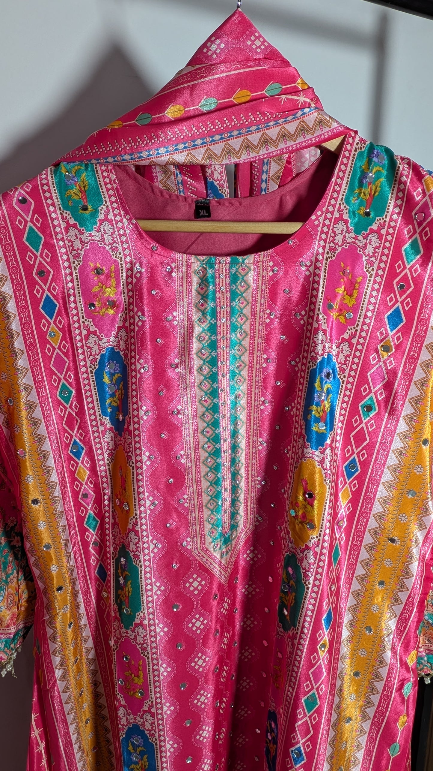 Vibrant Hot Pink-Red Rajwadi Printed Suit Set | Festive Silk-Blend Edition
