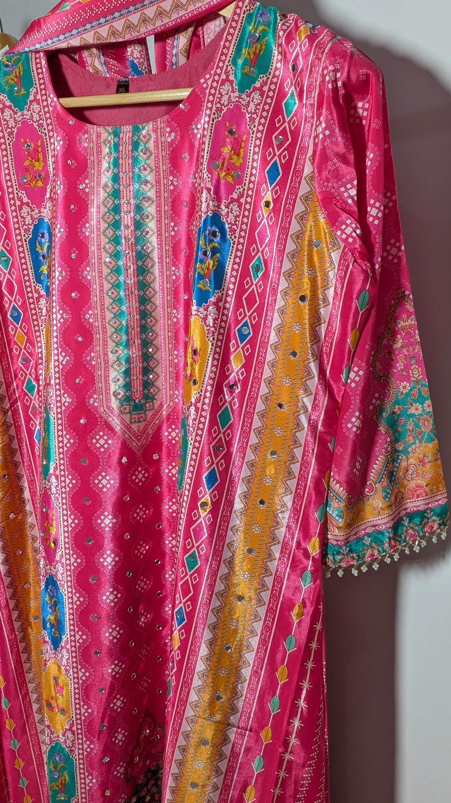 Vibrant Hot Pink-Red Rajwadi Printed Suit Set | Festive Silk-Blend Edition