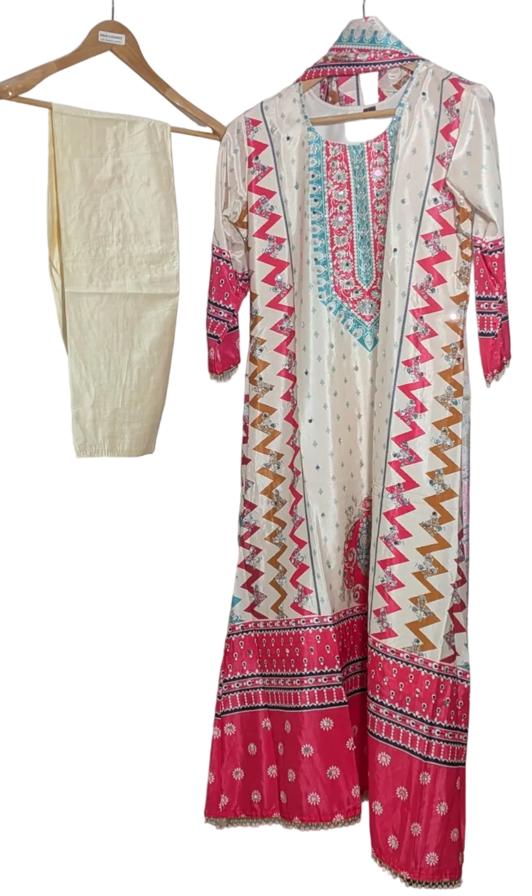 Ivory & Crimson Chevron Rajwadi Flared Suit Set | Mirror-Embellished Edition