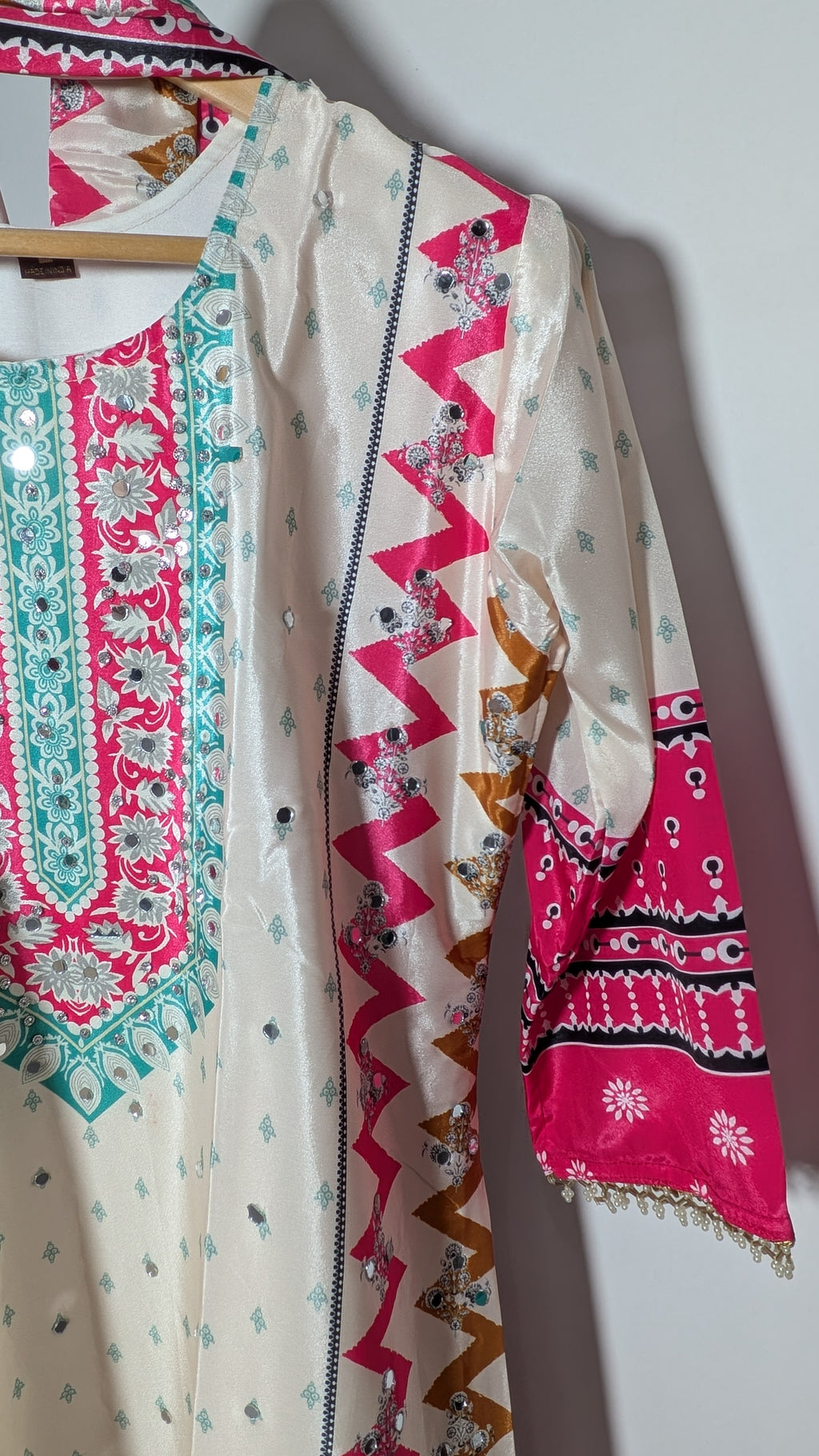 Ivory & Crimson Chevron Rajwadi Flared Suit Set | Mirror-Embellished Edition