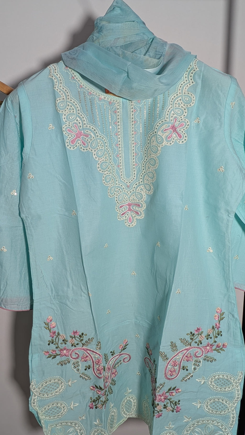 Sky Aqua Paisley Embroidered Suit Set | Scalloped Floral Edition