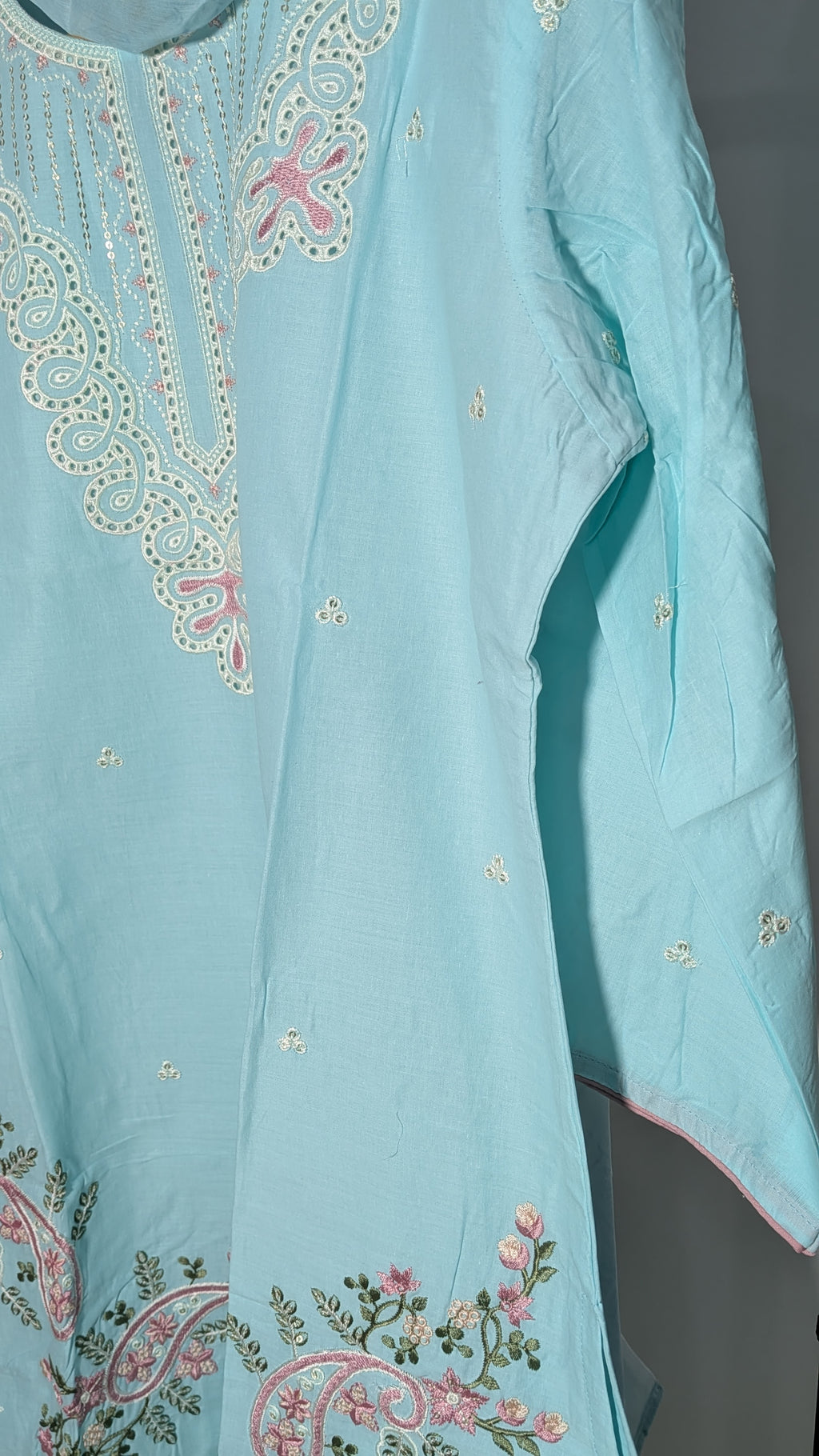 Sky Aqua Paisley Embroidered Suit Set | Scalloped Floral Edition