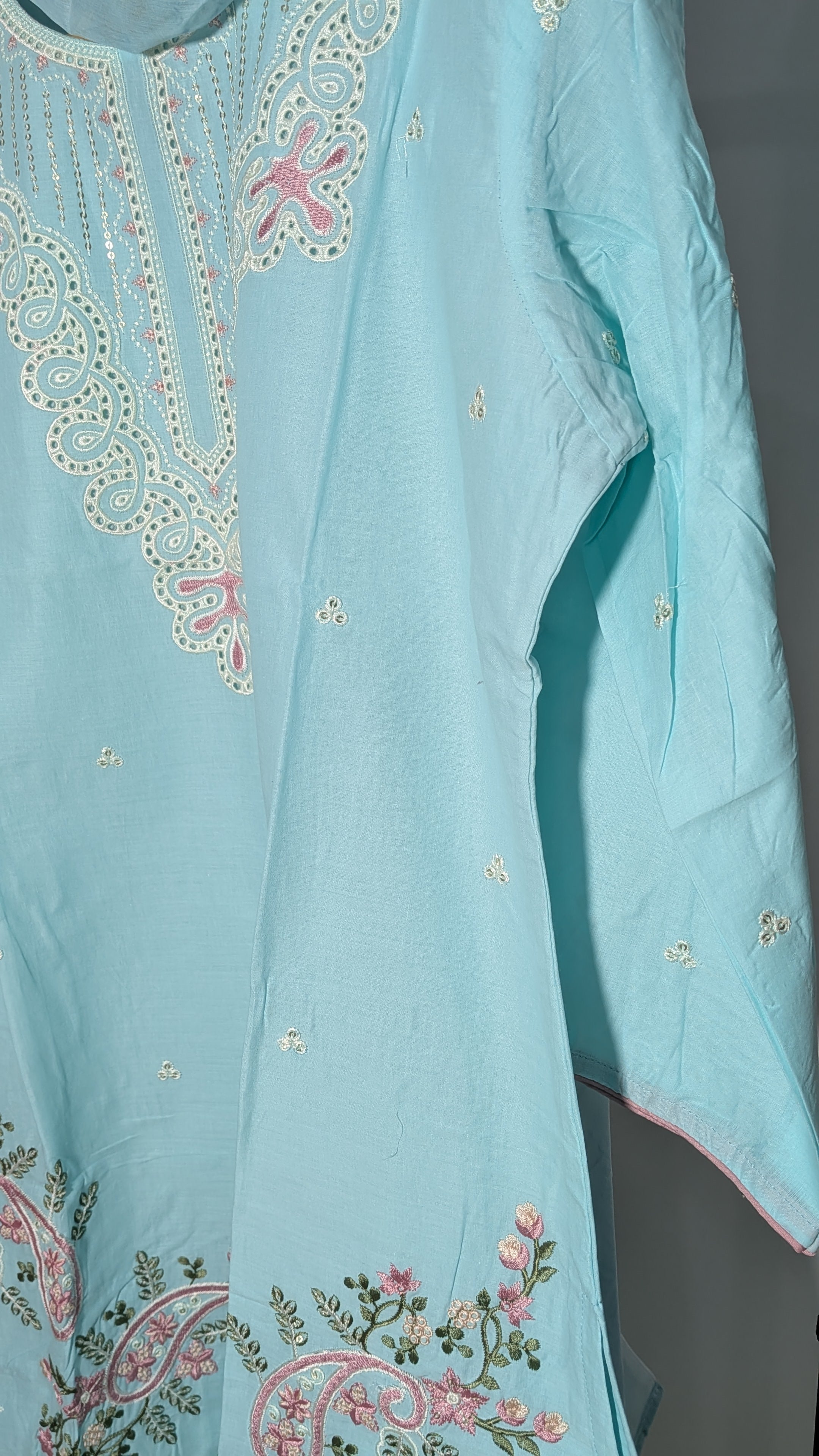 Sky Aqua Paisley Embroidered Suit Set | Scalloped Floral Edition