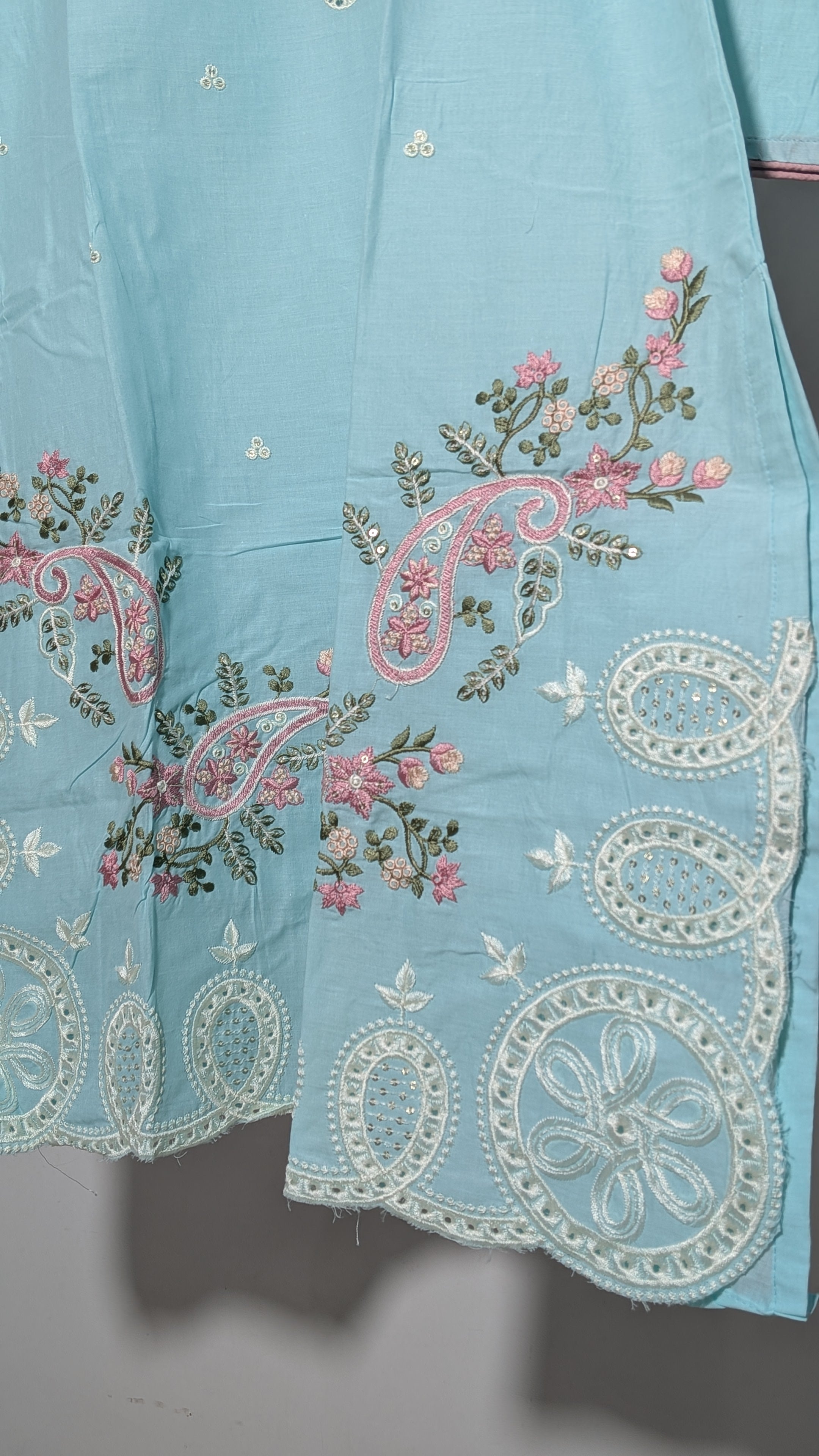 Sky Aqua Paisley Embroidered Suit Set | Scalloped Floral Edition