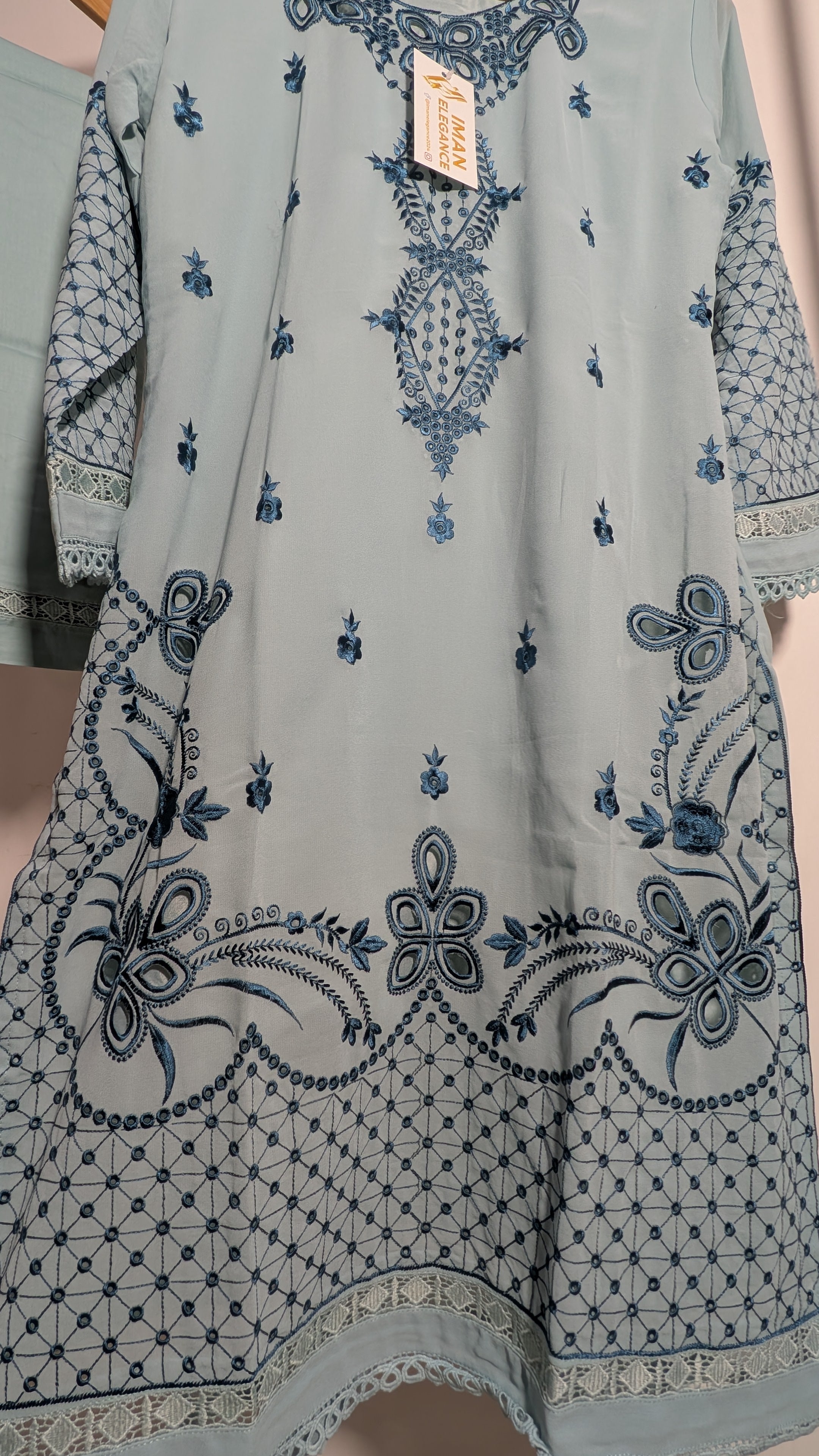 Ethereal Pastel Mesh-Embroidered Georgette Suit Set | Printed Dupatta Edition