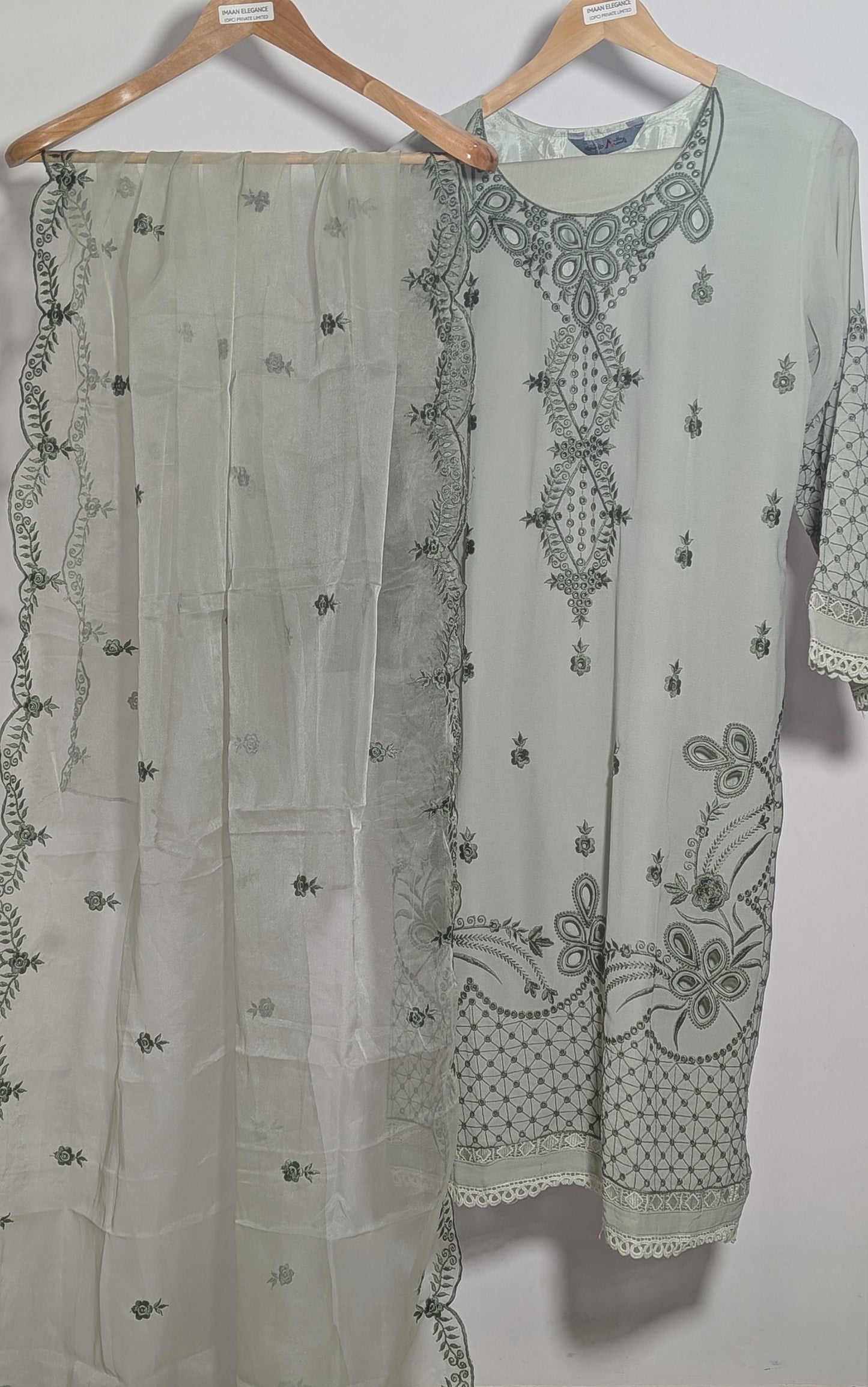 Ethereal Pastel Mesh-Embroidered Georgette Suit Set | Printed Dupatta Edition