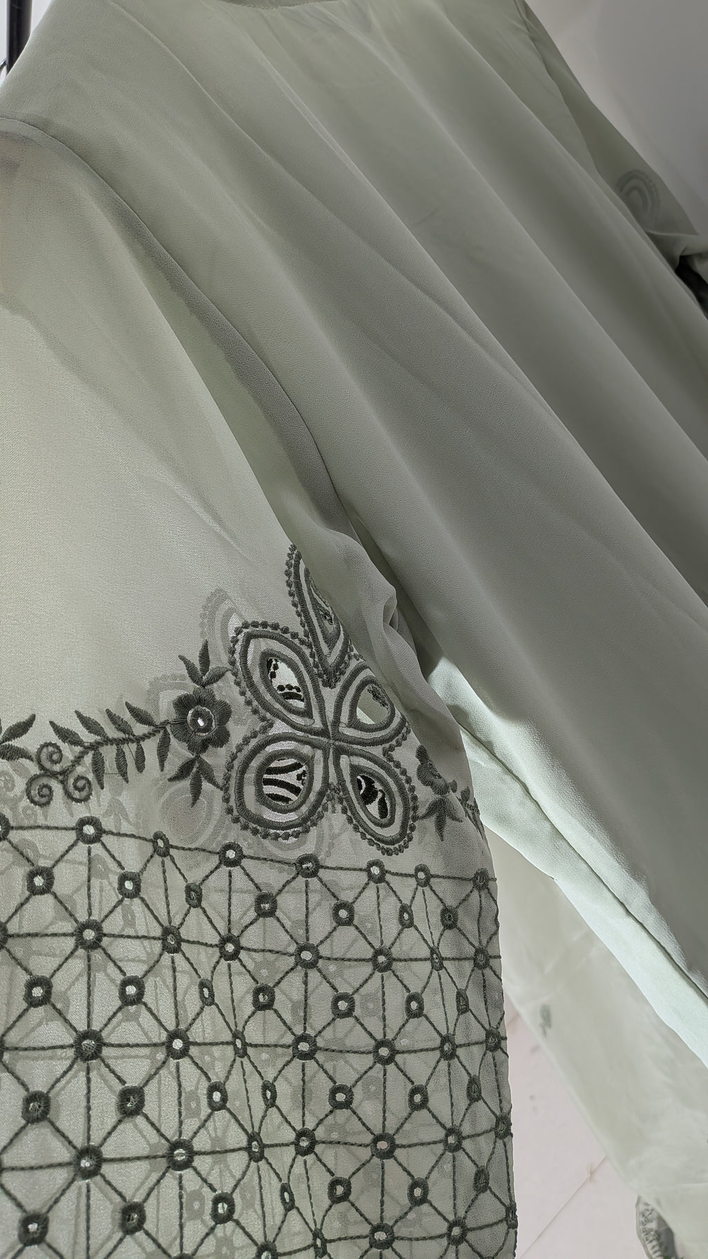 Ethereal Pastel Mesh-Embroidered Georgette Suit Set | Printed Dupatta Edition