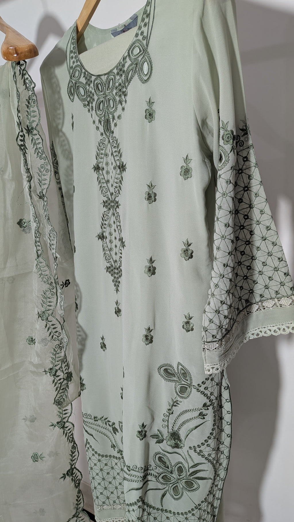 Ethereal Pastel Mesh-Embroidered Georgette Suit Set | Printed Dupatta Edition