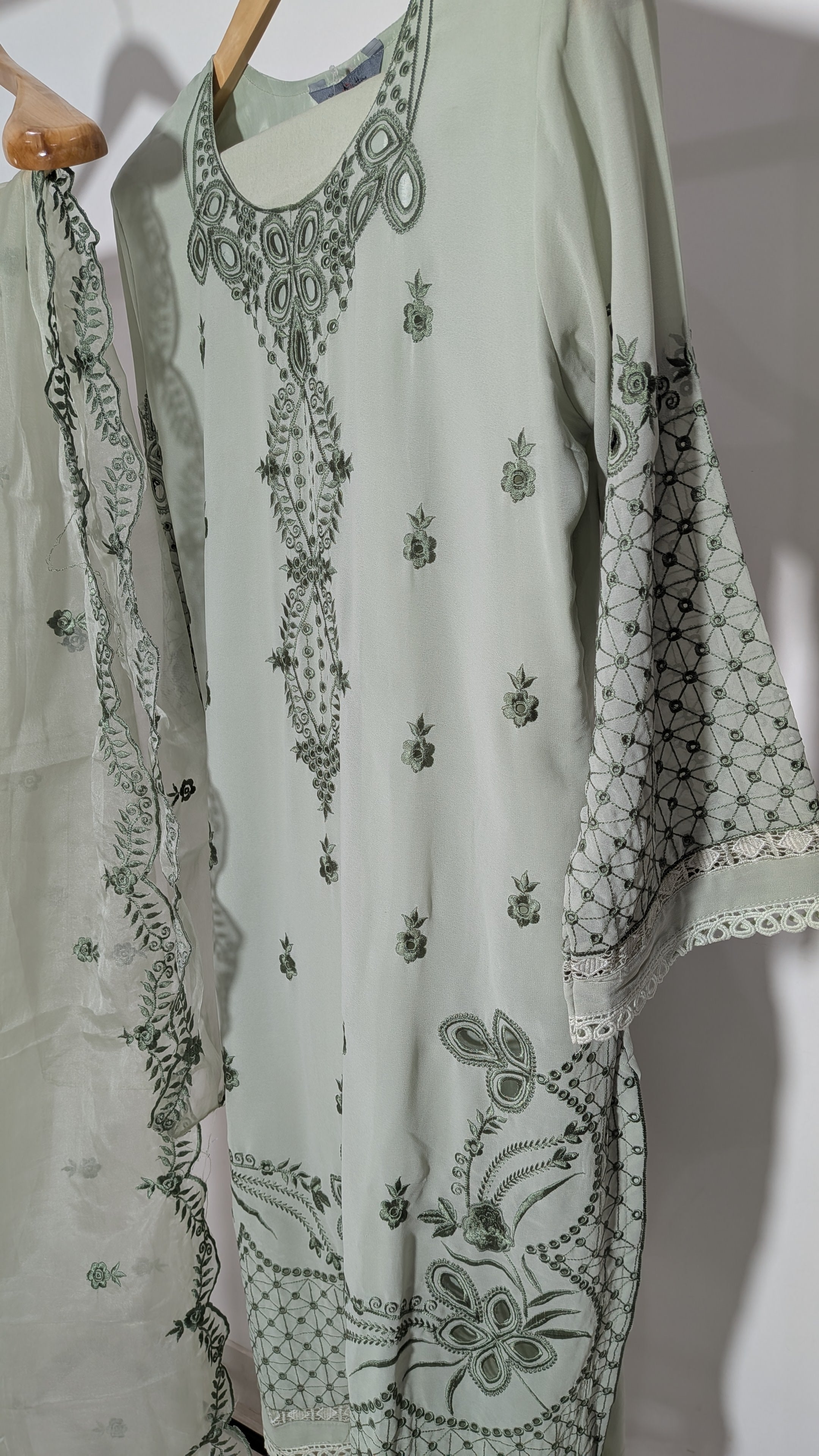 Ethereal Pastel Mesh-Embroidered Georgette Suit Set | Printed Dupatta Edition