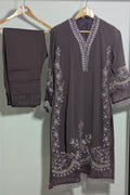 Dark purple embroidered outfit on a hanger against a light gray background