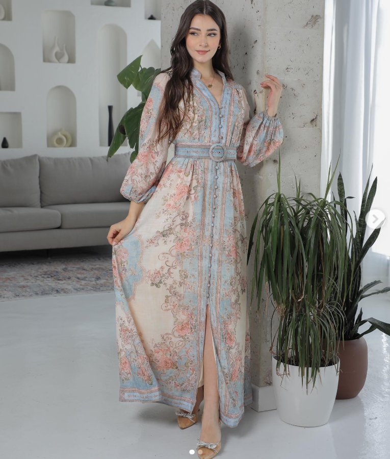 Pastel Floral Maxi Dress for Women | Belted Long Dress with Front Slit & Full Sleeves
